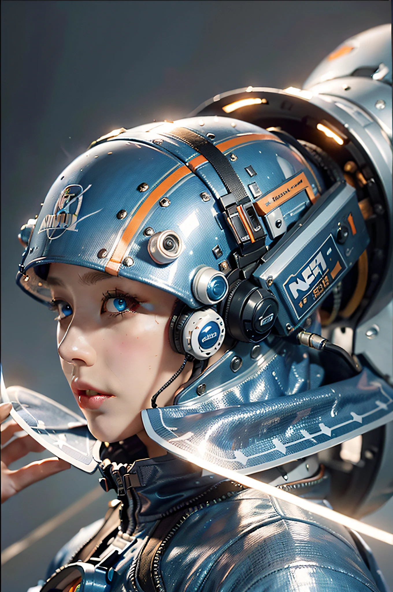 woman 25 years beautiful astronaut 1950 , deep blue eyes, clothes in orange color details in metallic white, cinematic, photo shoot, half backlight, backlight, dramatic lighting , Incandescent, Soft lighting, insanely detailed and intricate, hyper maximalist, arte no estilo de guweiz, elegant pose, dynamic, photography, volumetric , ultra detailed, intricate detail, super detailed obra-prima de guweiz, futuristic environment