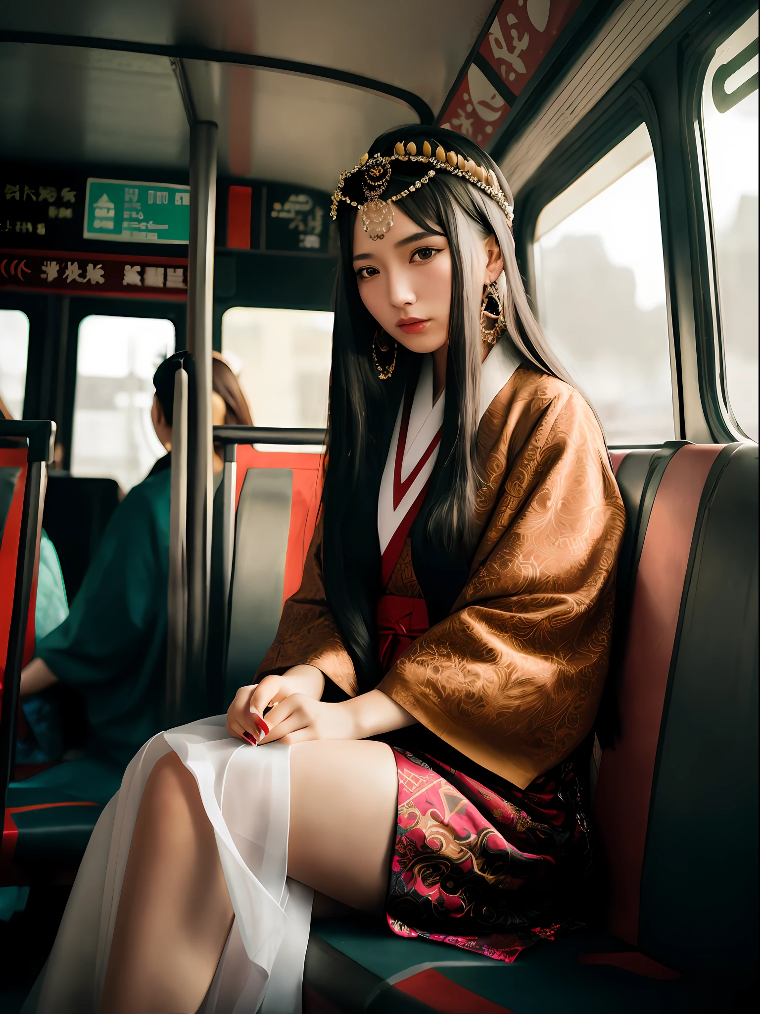 araffe woman sitting on a bus with a headpiece on, beautiful oriental woman, beautiful asian woman sitting, portrait shot, a young asian woman, asian girl with long hair, asian woman, young asian woman, young asian girl, beautiful young asian woman, chinese girl, beautiful asian woman, palace ， a girl in hanfu, infp young woman, bohemian fashion