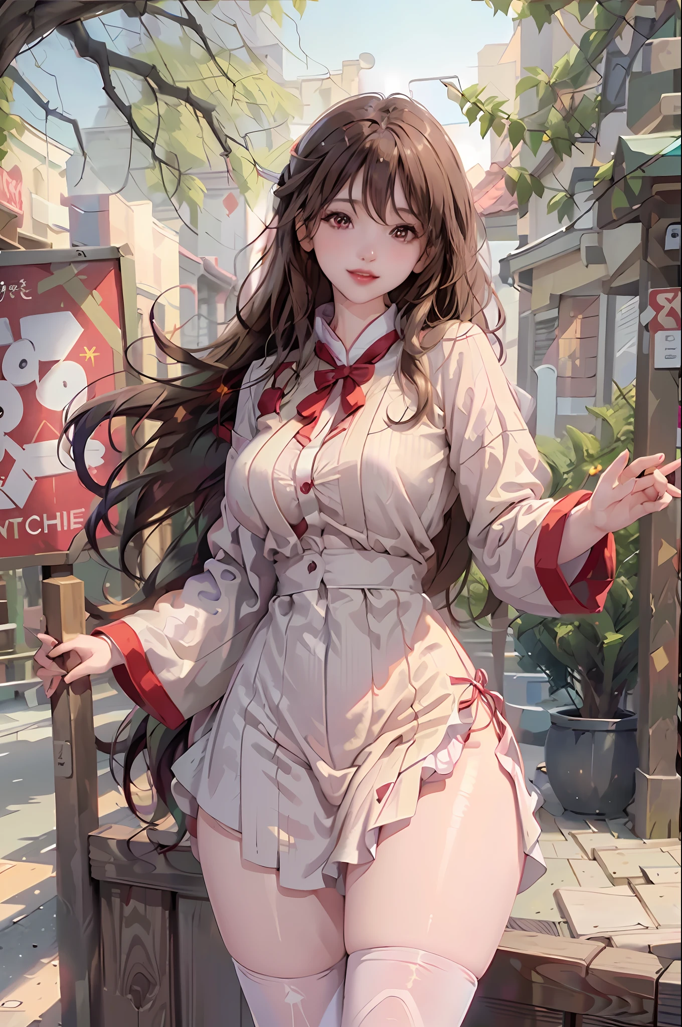 (8k, best quality, masterpiece: 1.2), (realistic, realistic: 1.37), ultra-detailed, best quality, ultra-high resolution, professional lighting, photon mapping, radiosity, physically based rendering, cinematic lighting, pedestrian street, rainy depth of field, clear focus, sunlight, good composition, (bokeh: 1.2) 1girl, solo, (close up view), beautiful detailed eyes, smiley face, pose, narrow waist, medium chest, black hair, messy hair, Long hair fluttering in the wind, (ulzzang-6500:1.2), thick thighs, wide hips, thin waist, tall, coral, red lips, red eyes, sexy, blushing