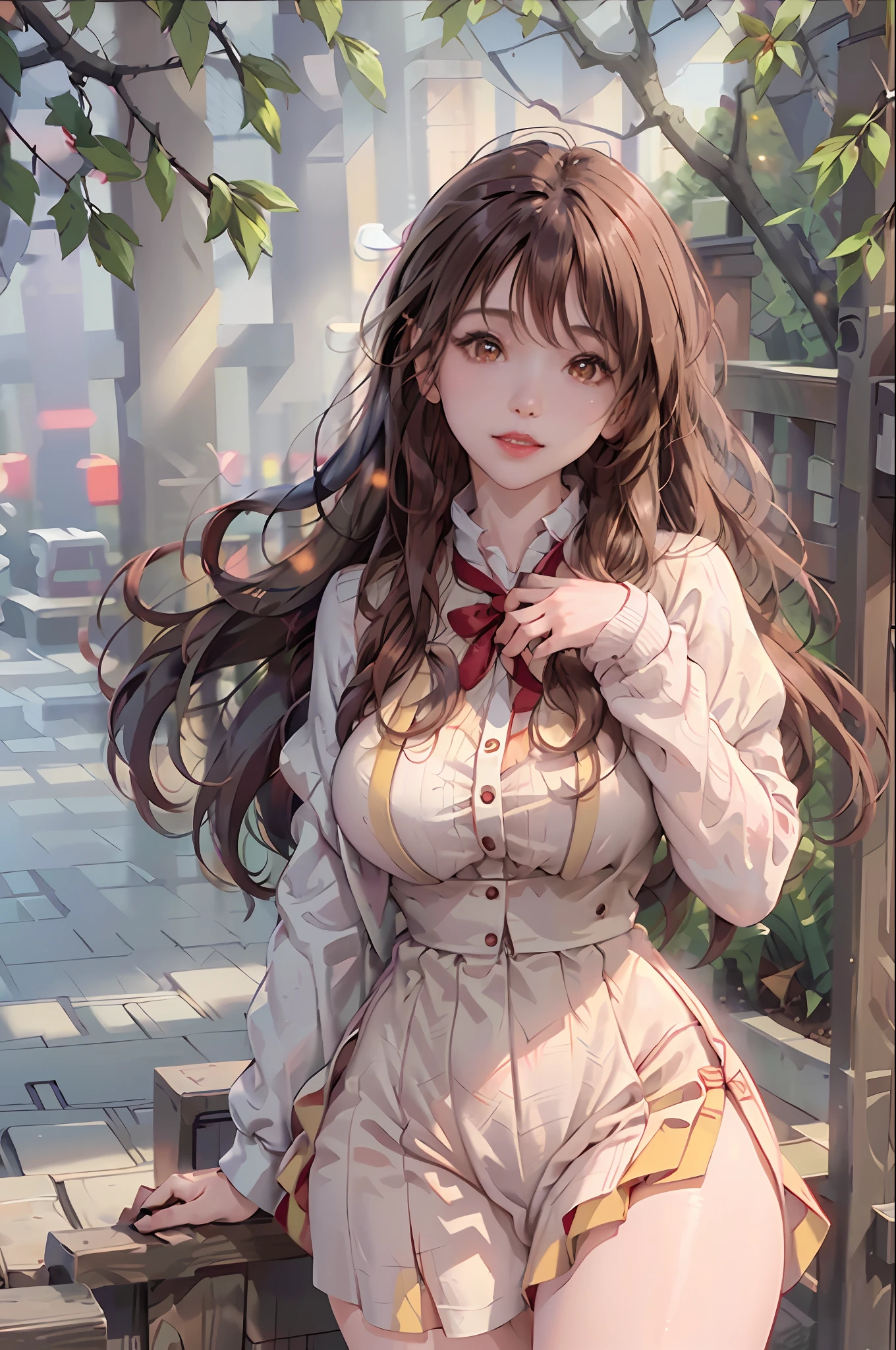 (8k, best quality, masterpiece: 1.2), (realistic, realistic: 1.37), ultra-detailed, best quality, ultra-high resolution, professional lighting, photon mapping, radiosity, physically based rendering, cinematic lighting, pedestrian street, rainy depth of field, clear focus, sunlight, good composition, (bokeh: 1.2) 1girl, solo, (close up view), beautiful detailed eyes, smiley face, pose, narrow waist, medium chest, black hair, messy hair, Long hair fluttering in the wind, (ulzzang-6500:1.2), thick thighs, wide hips, thin waist, tall, coral, red lips, red eyes, sexy, blushing