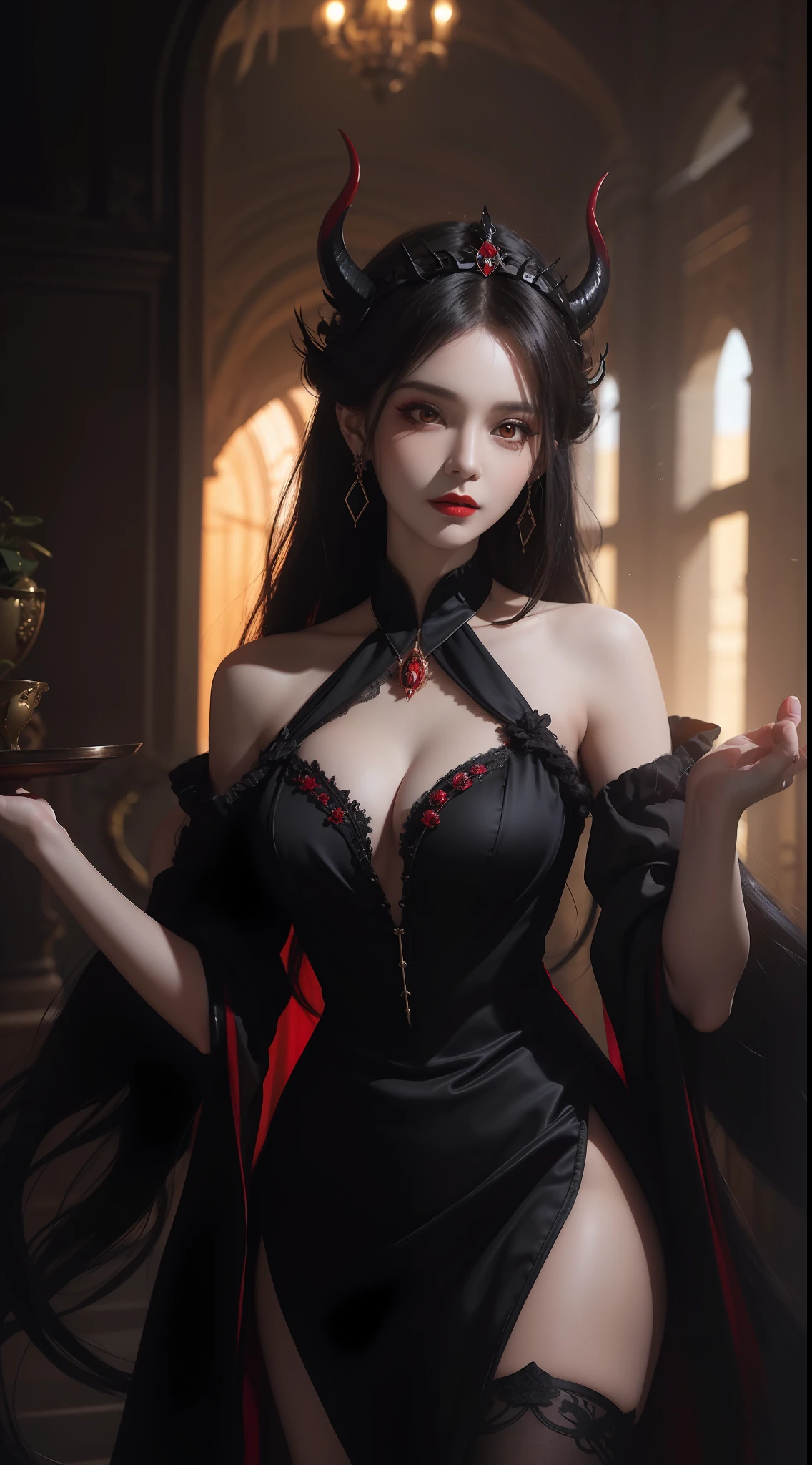 1 beautiful devil woman from hell, In the Dark: 1.6), surreal female portrait by David Hockney and Alphonse Mucha, fantasy art, korea doll, photorealism, dynamic lighting, artstation, poster, volumetric lighting, very detailed faces, 8k ultra, Awarded, in the dark, deep shadow, low key, cowboy lens, (Red phoenix dress: 1.4), long hair, black hair, bust, luxurious palace, Royal style, devil  crown, red eyes make up very sharp and detailed, The most beautiful face, big and regular breasts, Super realistic, chinese women's clothing, polo neck sweater, Charming smile, The eyes are very well made up, guweiz, devil style, loong, wearing black mesh socks, upper body, 2 bangs braided hair, Red lips, Devil tattoo on shoulder, wearing a thin red and black robe, the landscape is overcast and thunderous, Portrait,