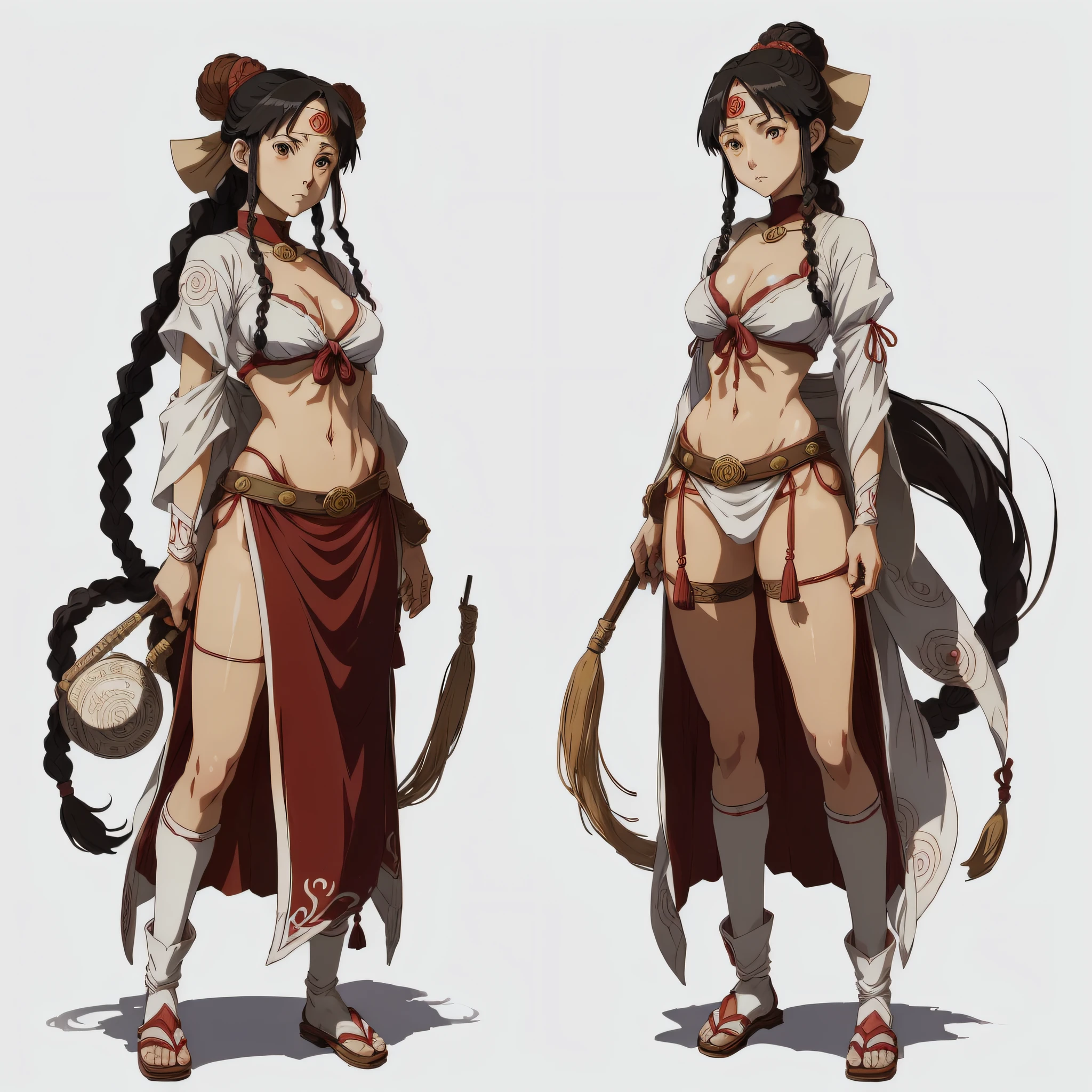 ((masterpiece)),((best quality))),(((character design sheet, same character, front, side, back)),(illustration), (1 47-year-old woman), female, Japanese anime style, (mature woman), warrior woman, (full body), (scantily clad warrior), black hair, black eyes, braided hair, ambient Scene change, pose too, charturnbetalora, (single background, white background: 1.3) Mononoke Hime --auto --s2