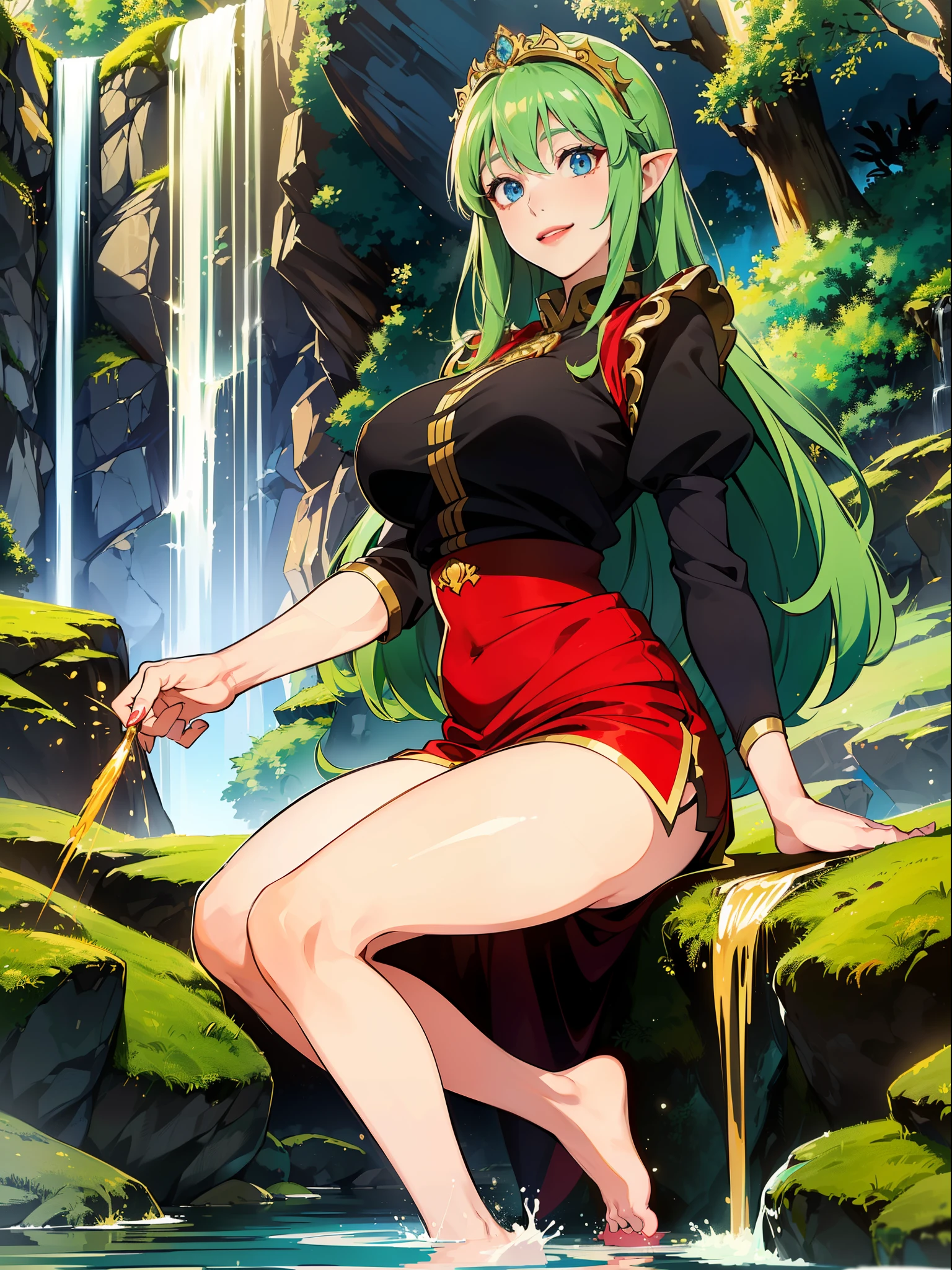 ((full-body photo, feet on the ground, front view)). Princess Zelda, {big breasts, red cheeks, red lipstick on her mouth, looking at the viewer}, {((black outfit with gold trim/maid's outfit with short shorts)}, she's bathing in a waterfall in an open area falling water, clothes and hair soaked. She has {((short green hair, blue eyes, looking at the viewer, smiling)}, anime, anime style, motion blur, 16k, high quality, super detail, textured skin, anatomically correct, masterpiece, masterpiece, masterpiece, UHD, ccurate