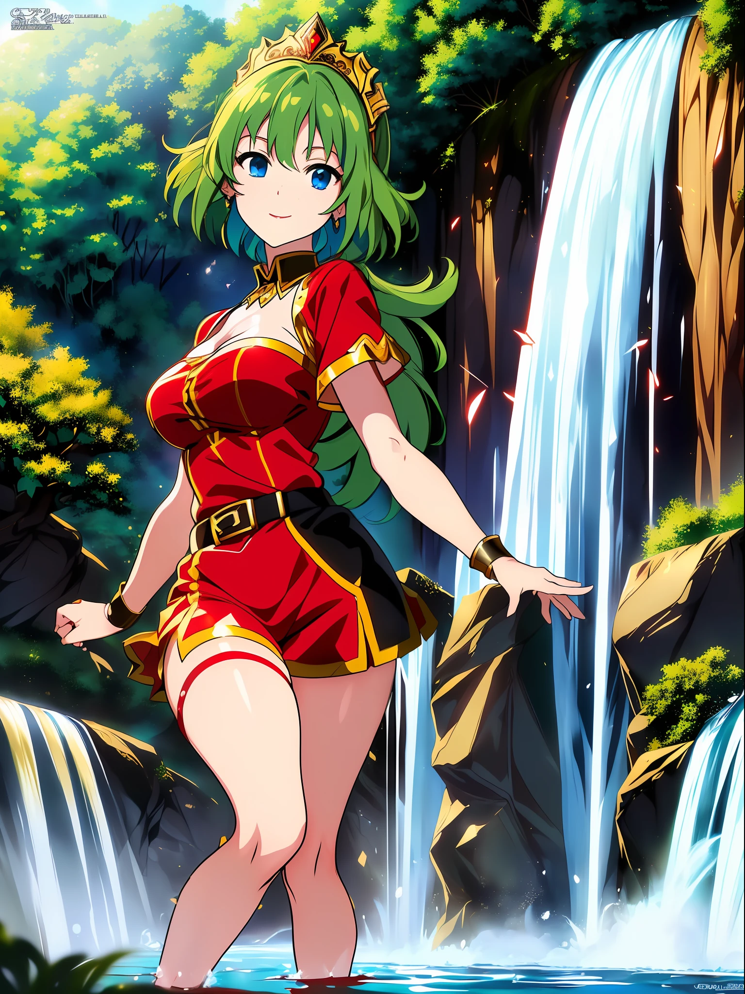 ((full-body photo, feet on the ground, front view)). Princess Zelda, {big breasts, red cheeks, red lipstick on her mouth, looking at the viewer}, {((black outfit with gold trim/maid's outfit with short shorts)}, she's bathing in a waterfall in an open area falling water, clothes and hair soaked. She has {((short green hair, blue eyes, looking at the viewer, smiling)}, anime, anime style, motion blur, 16k, high quality, super detail, textured skin, anatomically correct, masterpiece, masterpiece, masterpiece, UHD, ccurate