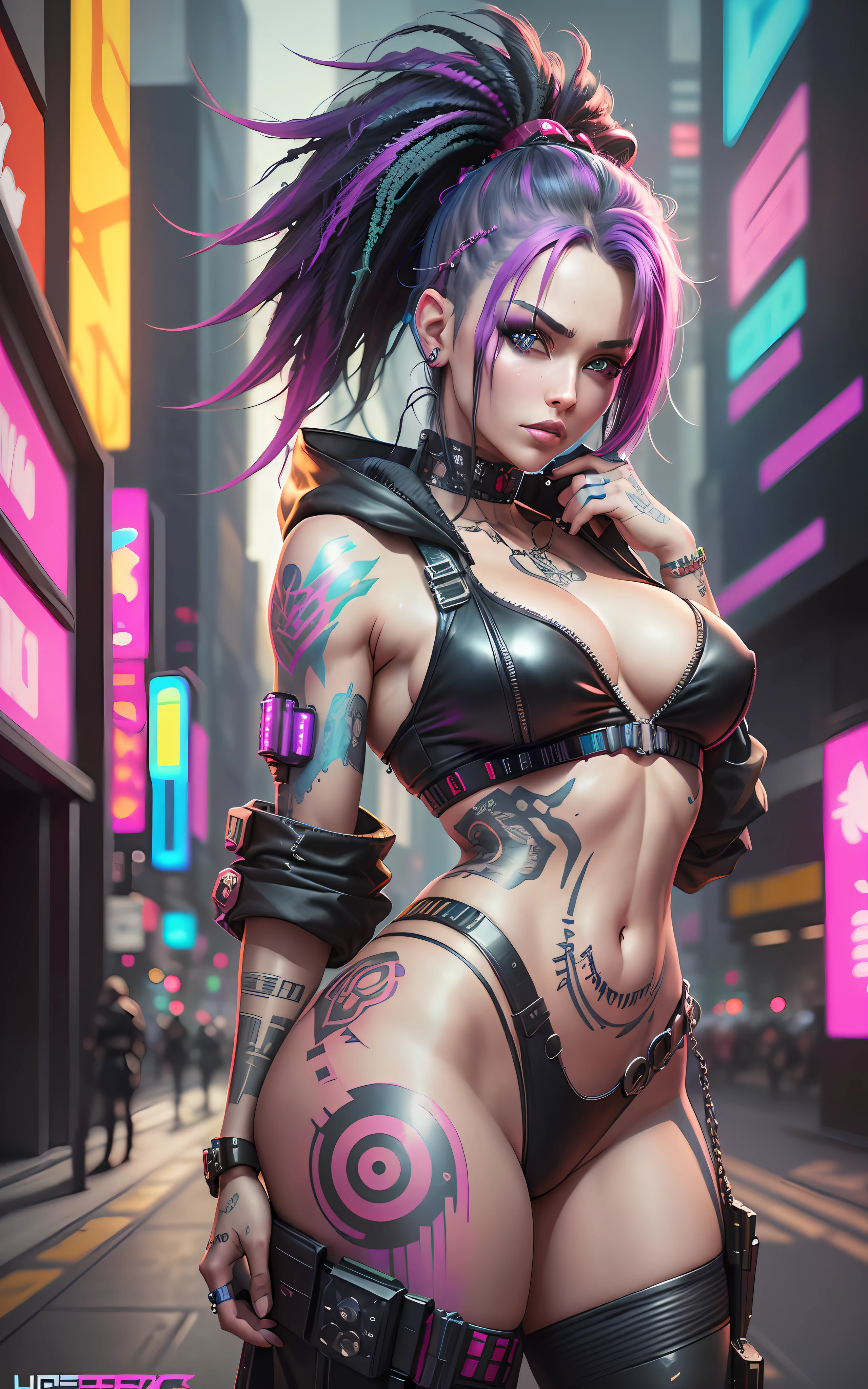 there is a woman with tattoos on her body posing for a picture, hyper-realistic cyberpunk style, cyberpunk angry gorgeous goddess, cyberpunk style ， hyperrealistic, cyberpunk 2 0 y. o model girl, cyberpunk art style, cyberpunk art ultrarealistic 8k, cyberpunk girl, cyberpunk beautiful girl, cyberpunk themed art, digital cyberpunk anime art, the cyberpunk girl portrait, cyberpunk digital painting