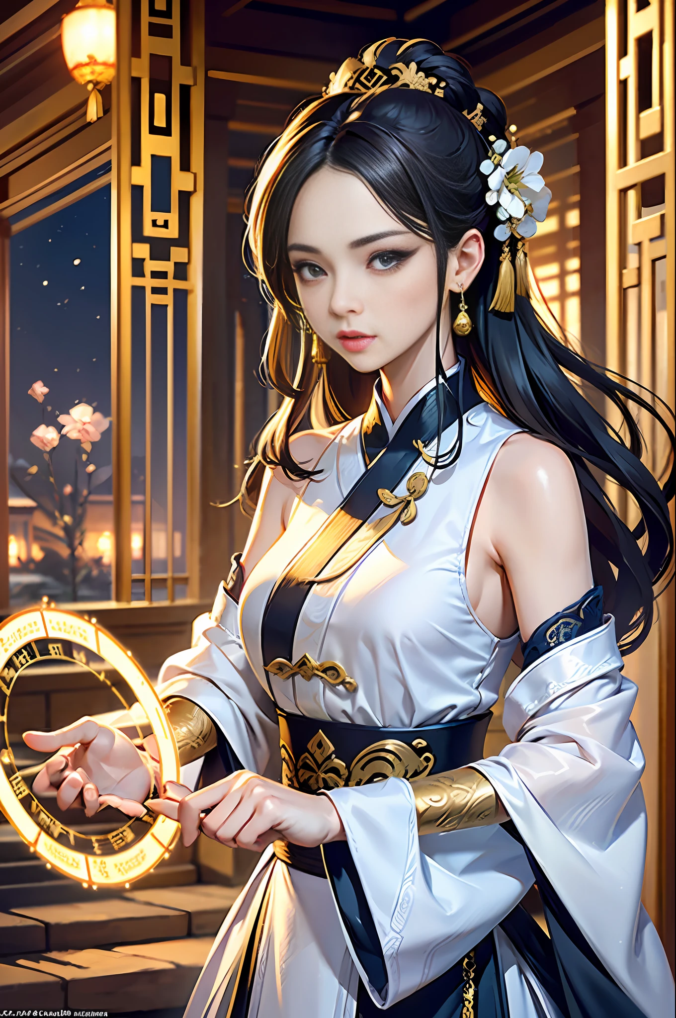 Best Quality, Masterpiece, Ultra High Resolution, (Realistic: 1.4), Xiuxian, Weapon, Detail Face,
1 girl, golden and white clothes, bare arms, solo, (magic circle: 1.2), Xiuxian, upper body, beautiful girl, half-body, Chinese architecture, sheath, construction,