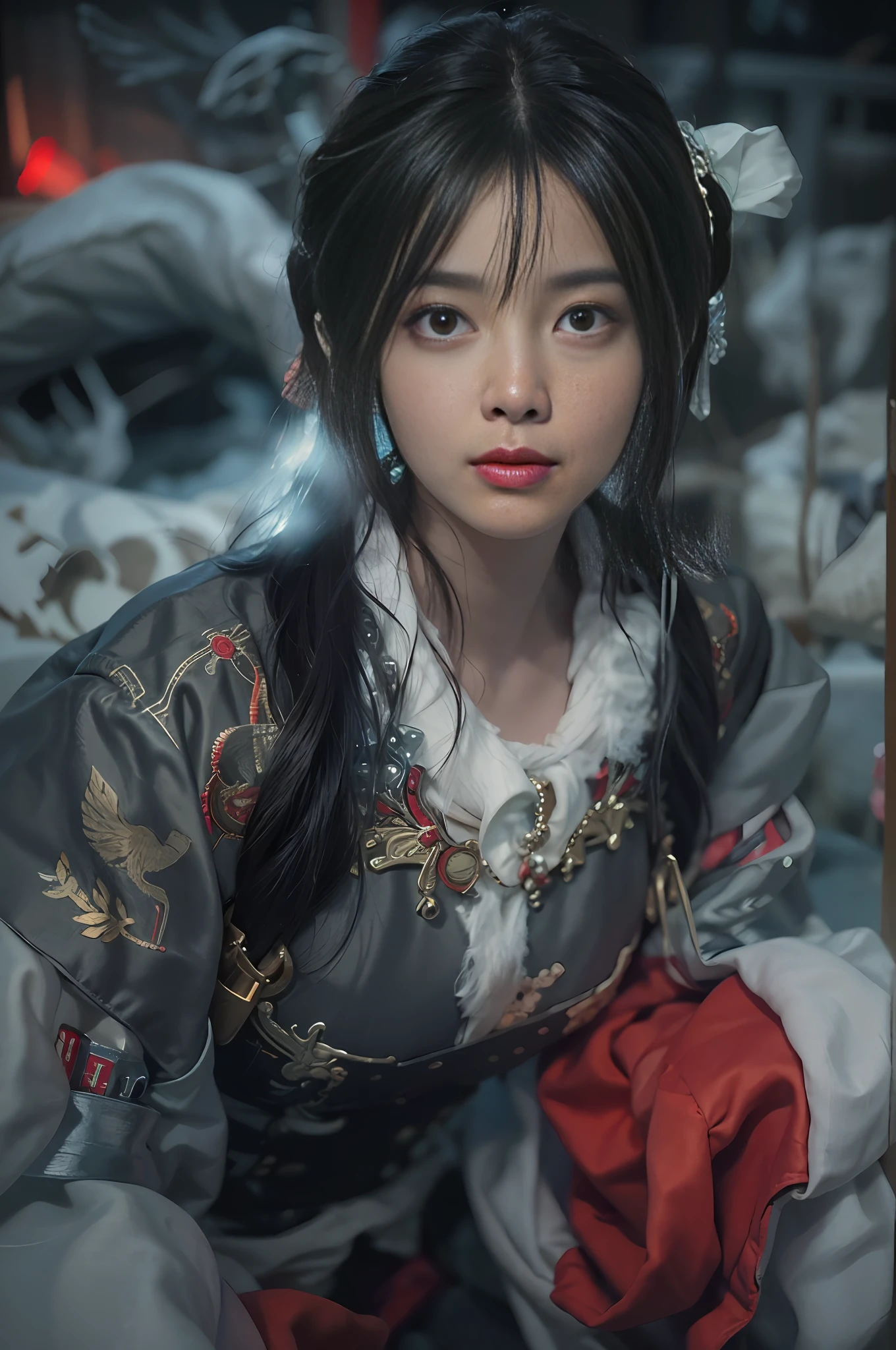"There is a very detailed face in the dark, 1girl in official uniform, long hair and black/red hanfu. It is a surreal portrait of a woman by David Hockney and Alfa Mumei, in the style of fantasy art and realistic photographs. Using dynamic lighting and volumetric lighting, it was shot at the angle of the Cowboy Shot, presenting 4K picture quality. This award-winning poster can be viewed on ArtStation. "