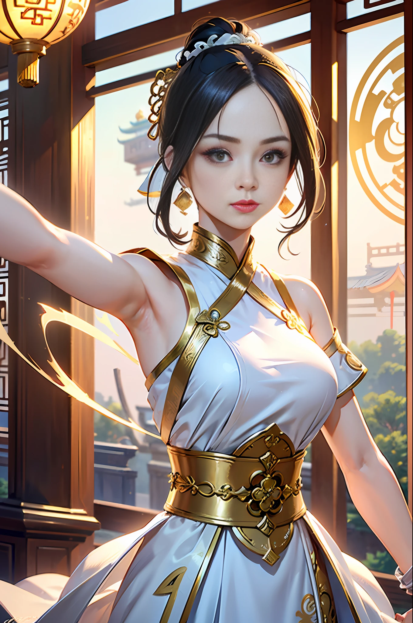 Best Quality, Masterpiece, Ultra High Resolution, (Realistic: 1.4), Xiuxian, Weapon, Detail Face,
1 girl, golden and white clothes, bare arms, solo, (magic circle: 1.2), Xiuxian, upper body, beautiful girl, half-body, Chinese architecture, sheath, construction,