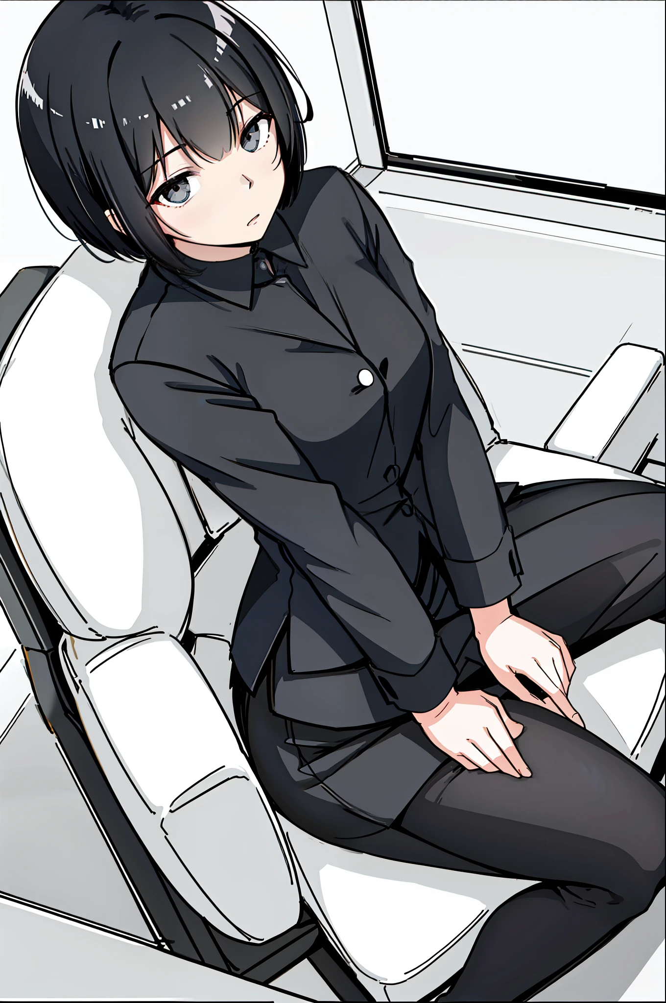 short hair,Black hair,Bangs cover your eyes,The Office Girl,Short Skirt,black silk stockings,sitting in an office chair,Computer,Office,Look up perspective,