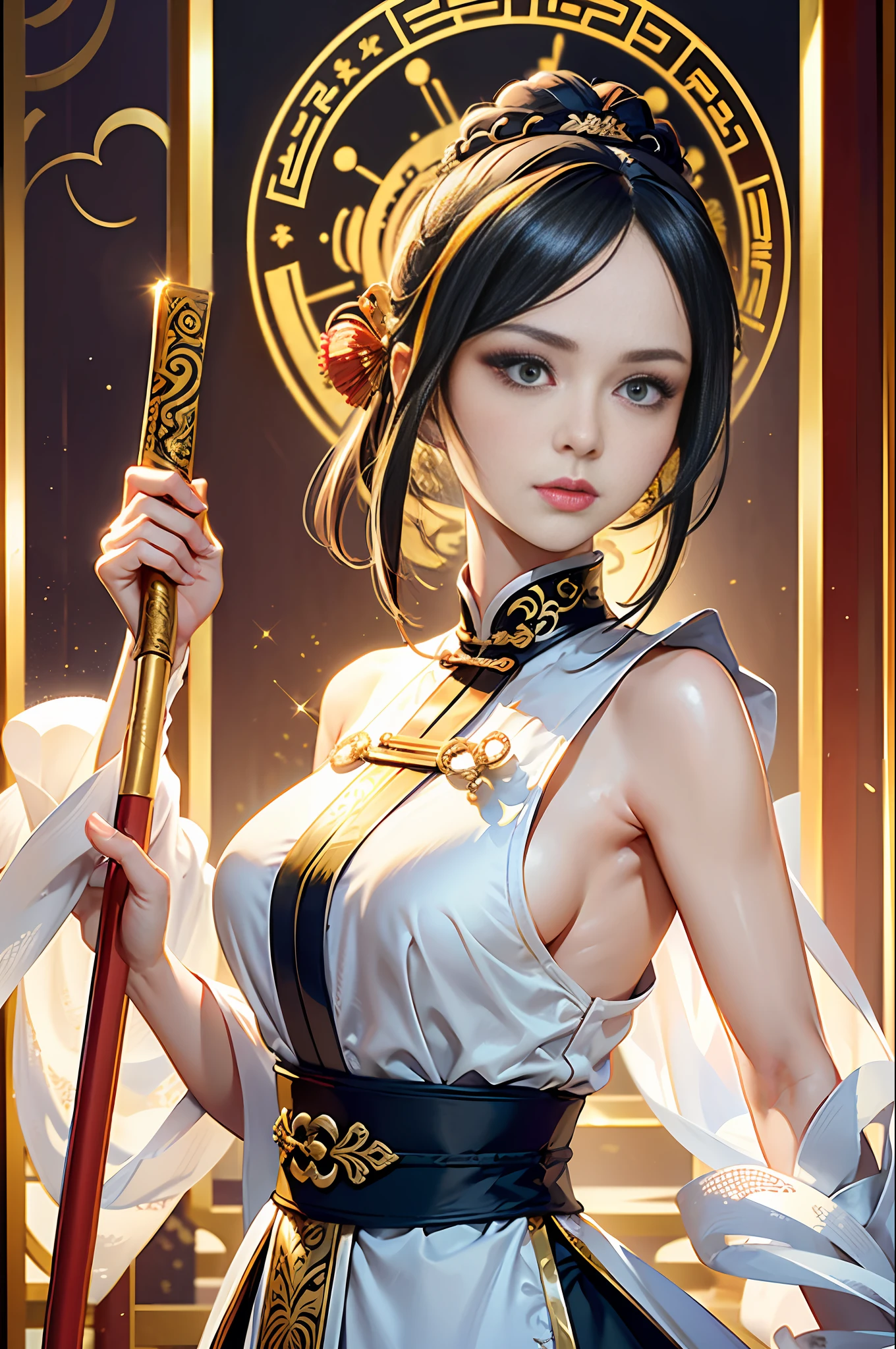 Best Quality, Masterpiece, Ultra High Resolution, (Realistic: 1.4), Xiuxian, Weapon, Detail Face,
1 girl, golden and white clothes, bare arms, solo, (magic circle: 1.2), Xiuxian, upper body, beautiful girl, half-body, Chinese architecture, sheath, construction,