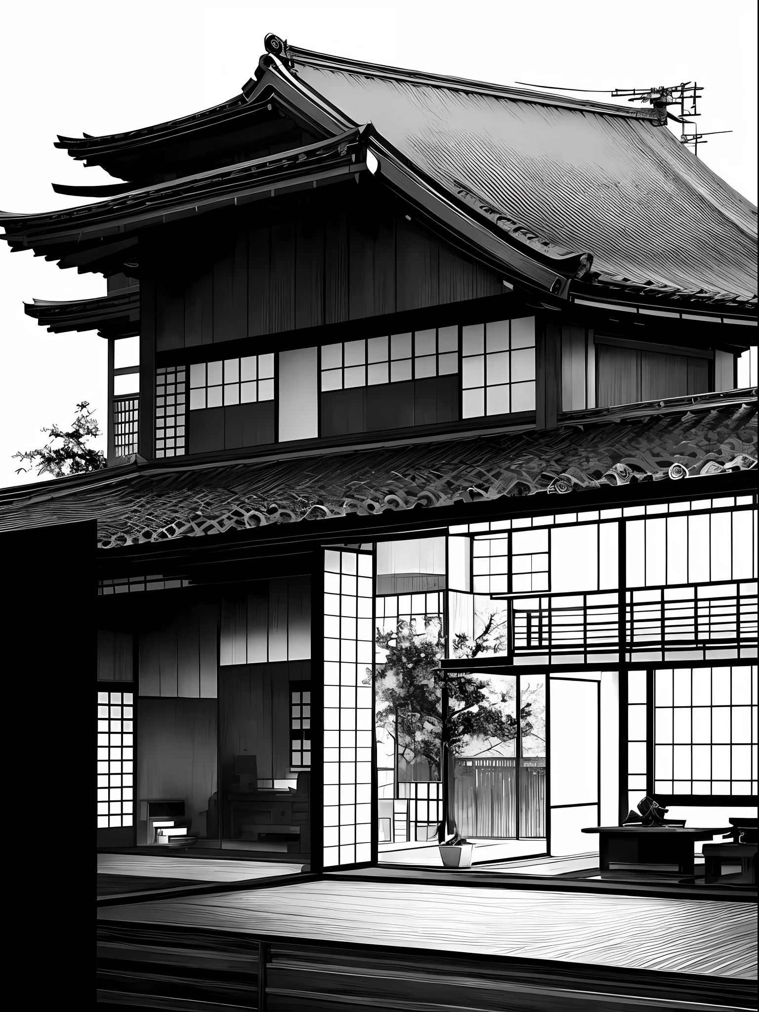 Japanese house, Yoji Shinkawa style, black and white, print, super detailed