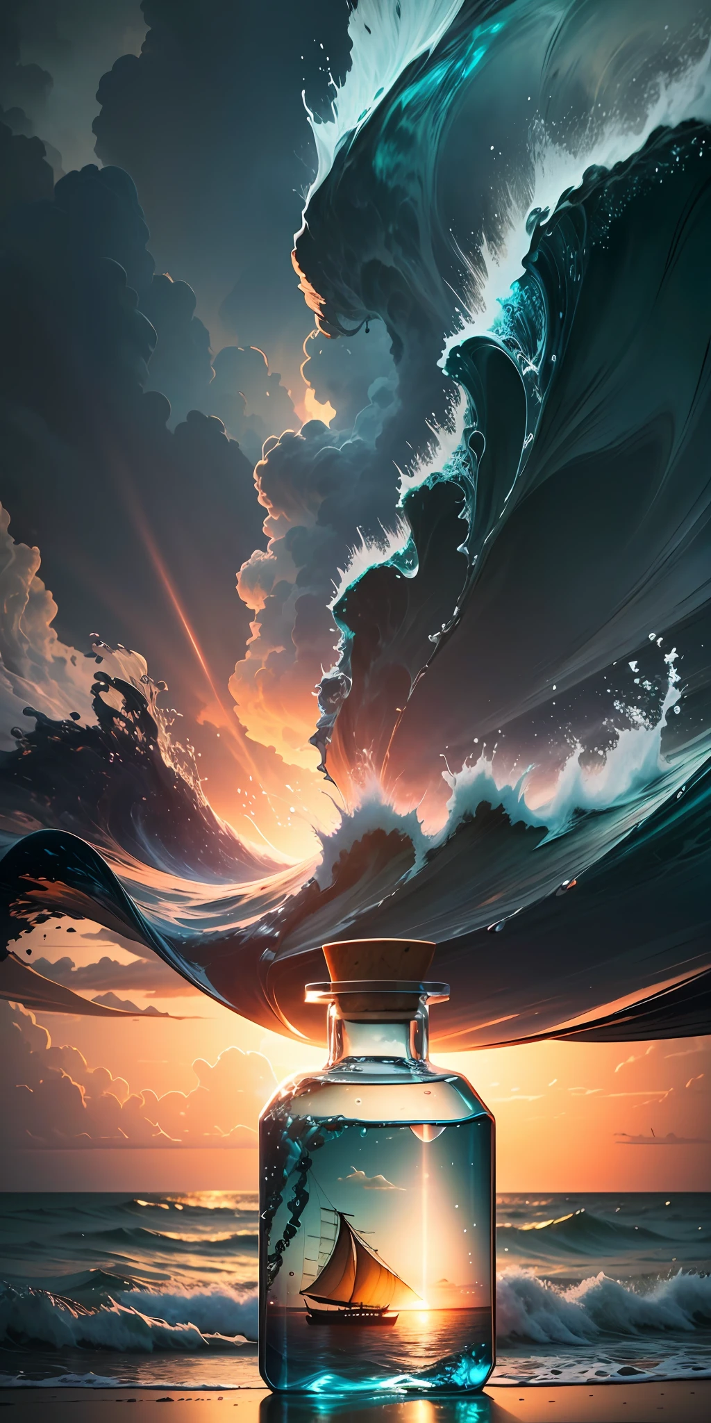 view of turbulent swells of a violent ocean storm, inside a glass bottle on the beach ม dramatic thunderous sky at dusk at center a closeup of large tall pirate ship with sails, breaking light --auto --s2
