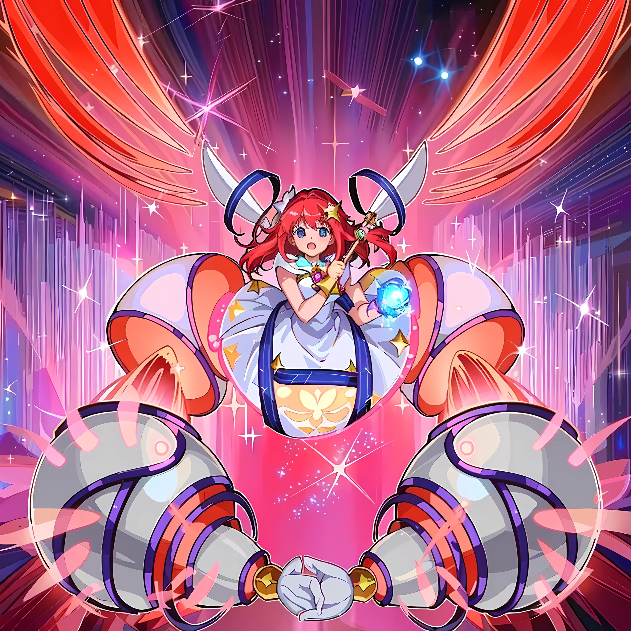 Red hair, (magical girl)), ((gorgeous starry sky background), ((super detailed)), (best illustration), ((movie lighting)), dynamic angle, floating, fine, (Glitter: 1.2), (Glow: 1.2), (Glow: 1.2), (Glow: 1.2), (Glow: 1.2), (Exquisite), (Illustration: 1.2), (Animation Style), (Solo), Pretty Detailed Emoji, (Cute Face: 1.3), (Big Eyes)), Color Hair, (Long Hair: 1.2), (Flowing Hair: 1.2), (Magical Girl Costume), Details, (Shiny Wand: 1.3), (Magic Effect: 1.3), (Flowing Dress: 1.2), (Cute Boots: 1.1), (Twinkle: 1.2), (Glow: 1.2), (Glow: 1.2) , (sparkle: 1.2), (sparkle: 1.2), (sparkle: 1.2), (shimmer: 1.2.)