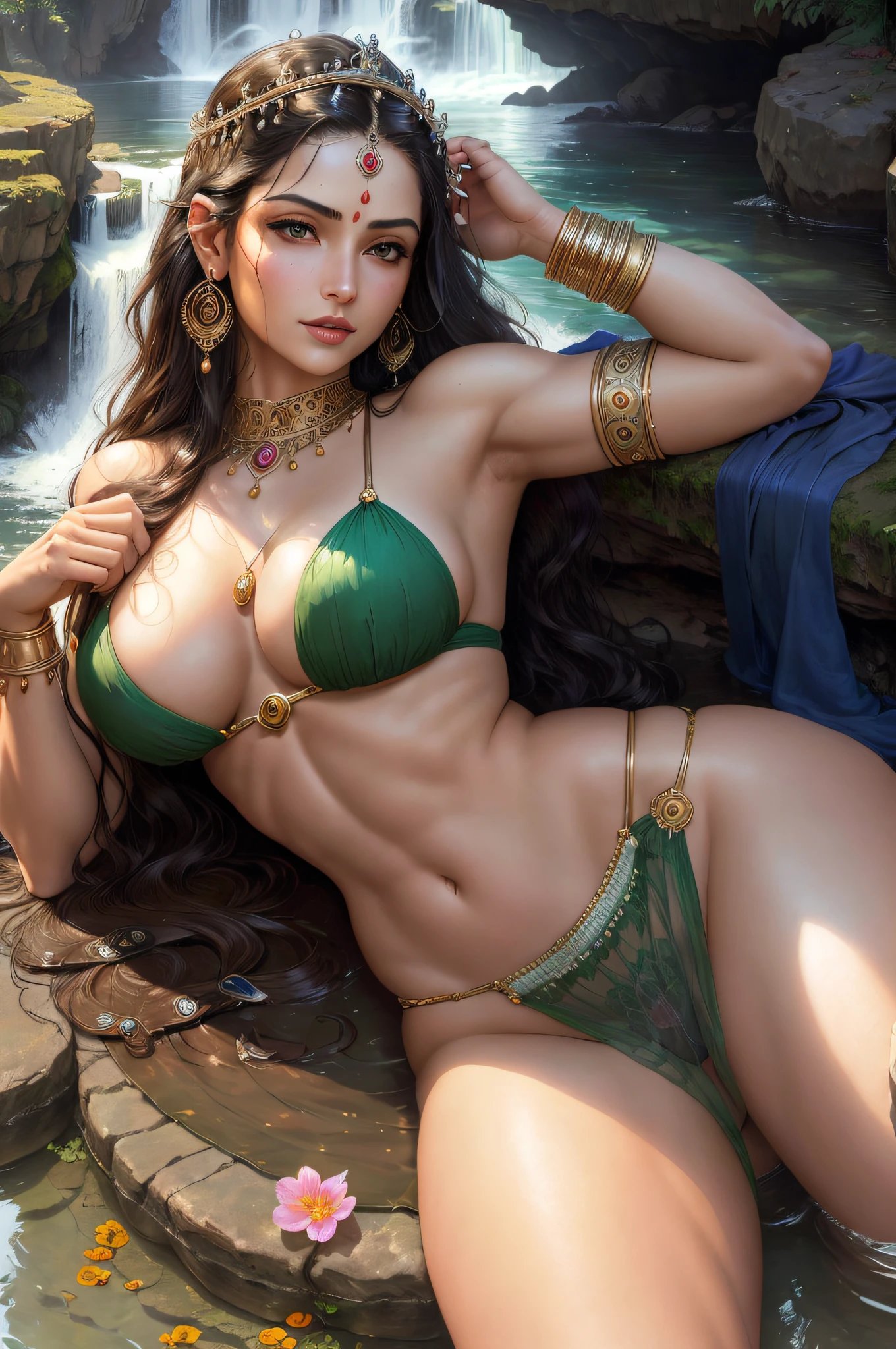 ((realistic:1.5)),((best quality)), ((masterpiece)),((detailed)), (1girl), {a beautiful female wearing a Sari}, (upper body:1.3),super-wide-angle lens,face focus, mature,sexy,toned muscles,long legs,curvy, barefoot, oversized firm breasts, open cleavage, drooping breasts, thick thighs,wide hips, thin legs, green eyes,long black hair,floting hair,long eyelashes, (detailed face,beautiful eye, detailed pupilss,detailed clothes features, clear background:1.3), (Bindi,Jhumkas:1.3), (Armlet, Haar, Payal,Maang Tikka,Jhumkas,Kamarband,Bangles:1.3), mysterious ancient ruin, lush forests, deep canyons,bridge,river,cliff,cloud, lakes,rock,waterfalls, flowers, grass, fog,vine,tree, smoke, best shadow,bright details,sharp,perfect composistion, Intricate, Sharp focus, dramatic, by Frank Frazetta,by Julie Bell,by Olivia De Berardinis,by Luis Royo,by boris vallejo, (specular lighting:1.3),rim light, princesses, playing, princesses playing with water, royal skimpy underwear, random royal color, laying on the floor, spooning her friend, hand on underwear, thirsty face, erotic face, lips open, almost undressed, underwear slid down, attended by servants, armed bodyguard, servant, gasping, breathing hard, fist clenched, visible slit, queen and slave wet