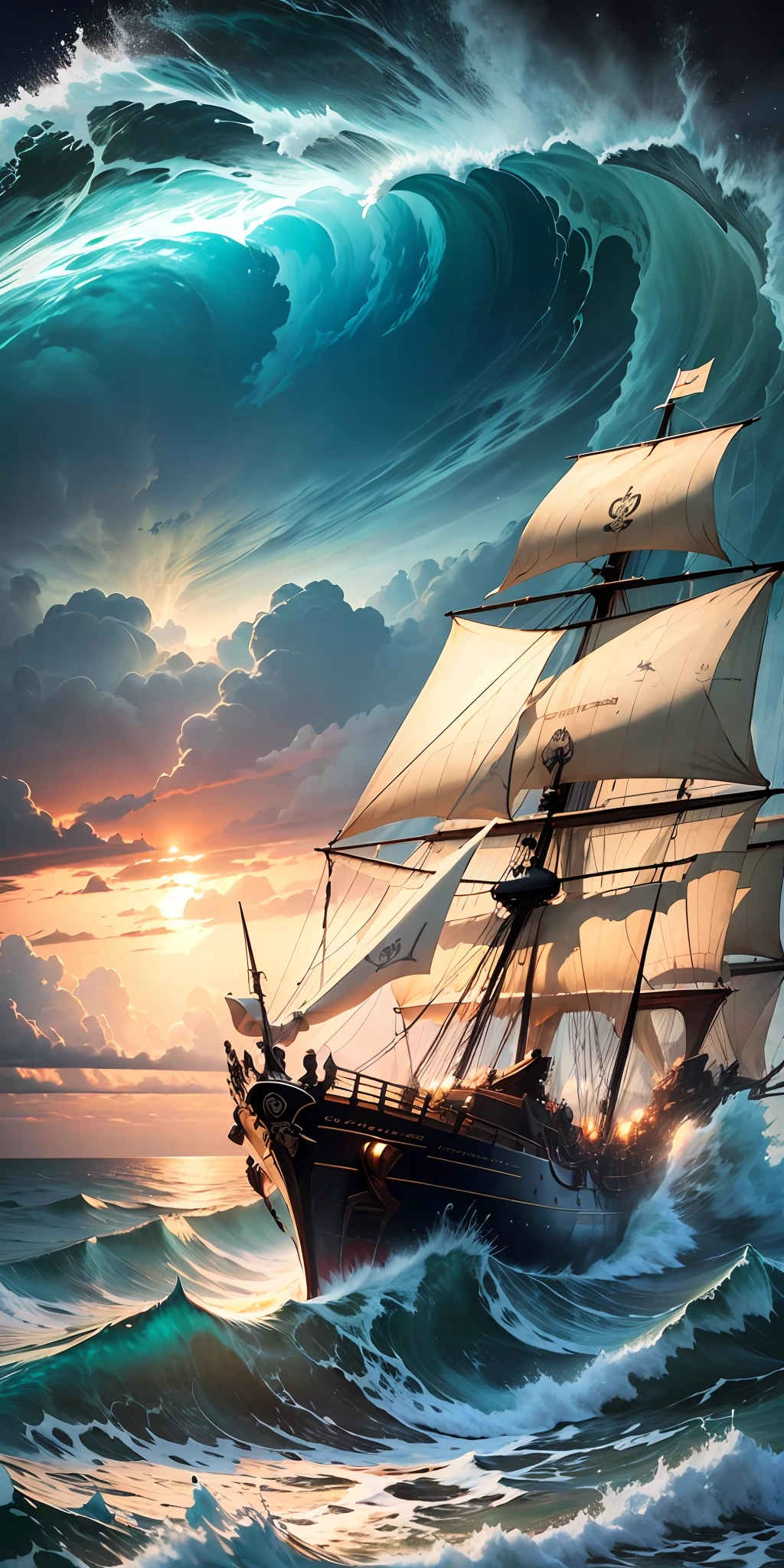 view of turbulent swells of a violent ocean storm, inside a glass bottle on the beach ม dramatic thunderous sky at dusk at center a closeup of large tall pirate ship with sails, breaking light --auto --s2