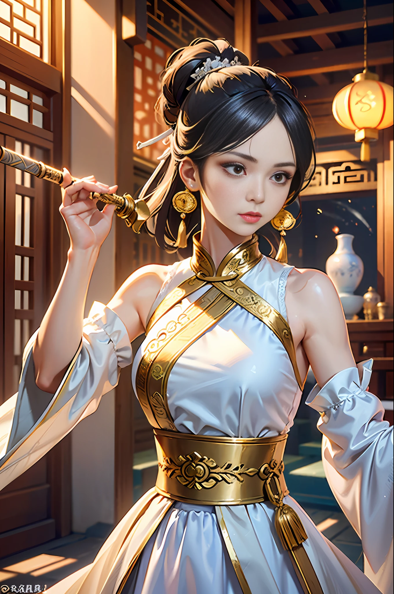 Best Quality, Masterpiece, Ultra High Resolution, (Realistic: 1.4), Xiuxian, Weapon, Detail Face,
1 girl, golden and white clothes, bare arms, solo, (magic circle: 1.2), Xiuxian, upper body, beautiful girl, half-body, Chinese architecture, sheath, construction,