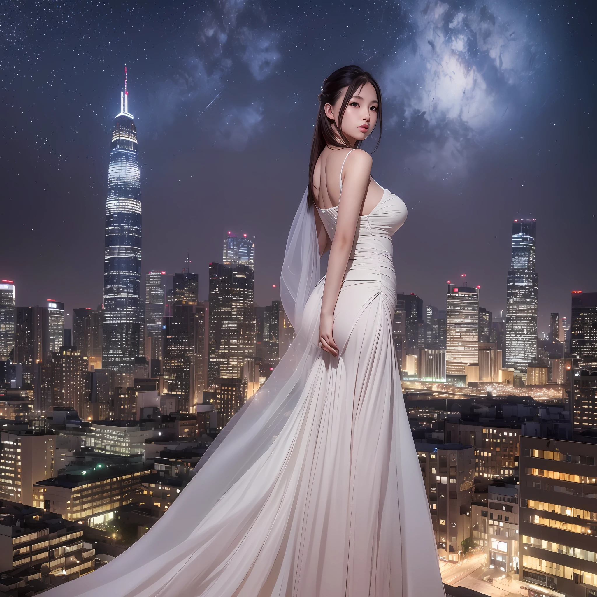 (8k, RAW photo, best quality, masterpiece:1.2), (realistic, photo-realistic:1.37),1girl,cityscape, night, professional lighting, photon mapping, radiosity, Japanese model, gigantic breasts, skinny body, wedding dress, --auto --s2