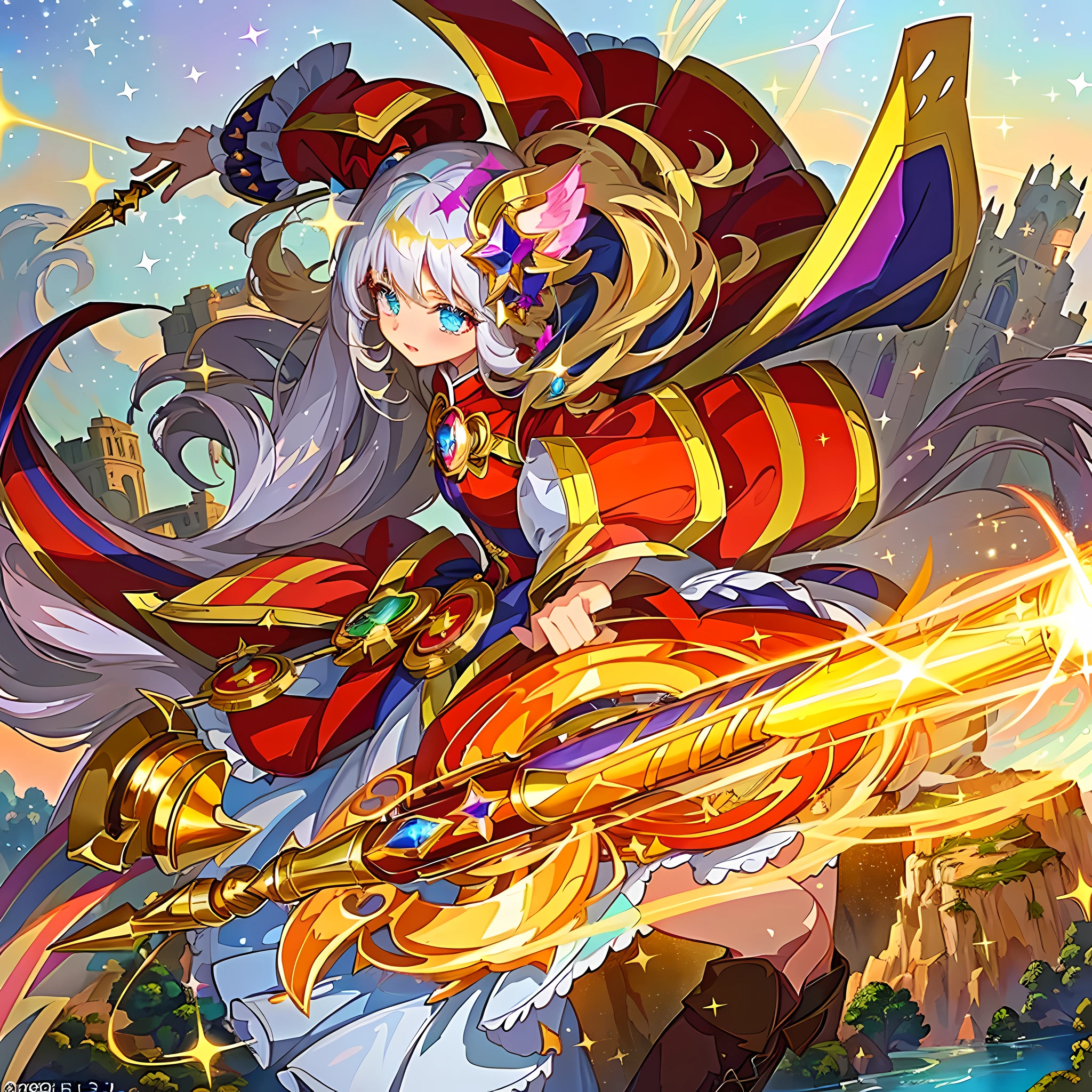 White hair, (magical girl)), ((gorgeous starry sky background), ((super detailed)), (best illustration), ((movie lighting)), dynamic angle, floating, fine, (Glitter: 1.2), (Glow: 1.2), (Glow: 1.2), (Glow: 1.2), (Glow: 1.2), (Exquisite), (Illustration: 1.2), (Animation Style), (Solo), Pretty Detailed Emoji, (Cute Face: 1.3), (Big Eyes)), Color Hair, (Long Hair: 1.2), (Flowing Hair: 1.2), (Magical Girl Costume), Details, (Shiny Wand: 1.3), (Magic Effect: 1.3), (Flowing Dress: 1.2), (Cute Boots: 1.1), (Twinkle: 1.2), (Glow: 1.2), (Glow: 1.2) , (sparkle: 1.2), (sparkle: 1.2), (sparkle: 1.2), (shimmer: 1.2.)
