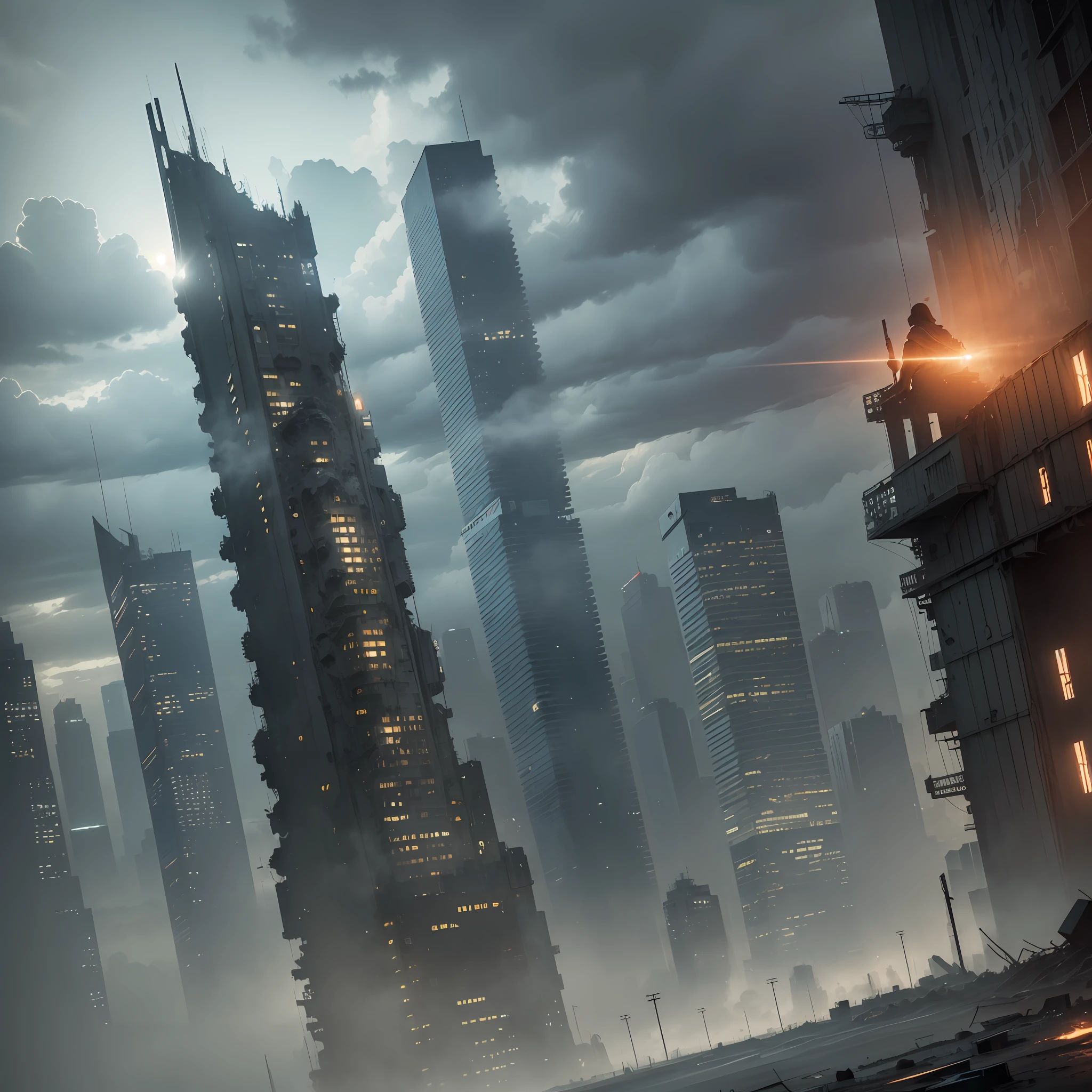 (masterpiece, best quality, ultra-detailed), City in a post-apocalypse setting, charged clouds, gloomy tones, fog and dense smoke, a lonely figure on top of a building, city in ruins, abandoned metropolis, snuggled up somewhere cozy, bright lights in the distance. --auto --s2