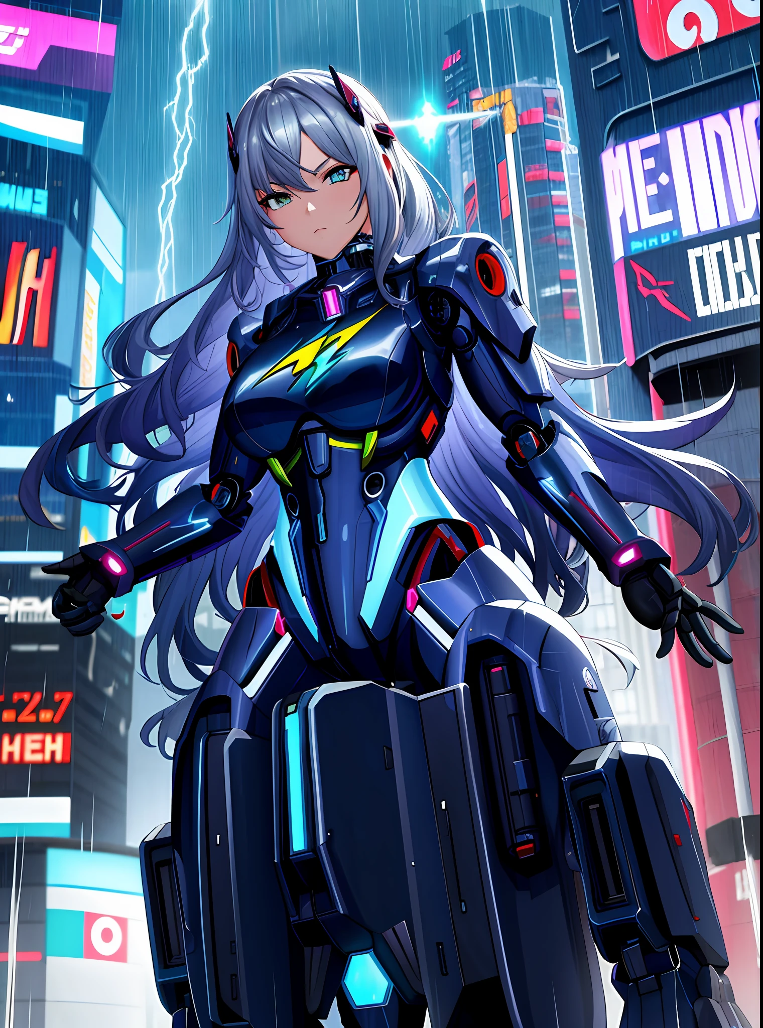 ((Masterpiece: 1.4, Best Quality))+, (Super Detail) +, 1 Girl, Cyberpunk City, Flat Chest, Wavy Hair, Mecha Outfit, (Robot Girl), Cool Moves, Silver Bodysuit, Colorful Background, Rainy Day, (Lightning Effect), Silver Dragon Armor, (Cold Face), Cowboy Shot,