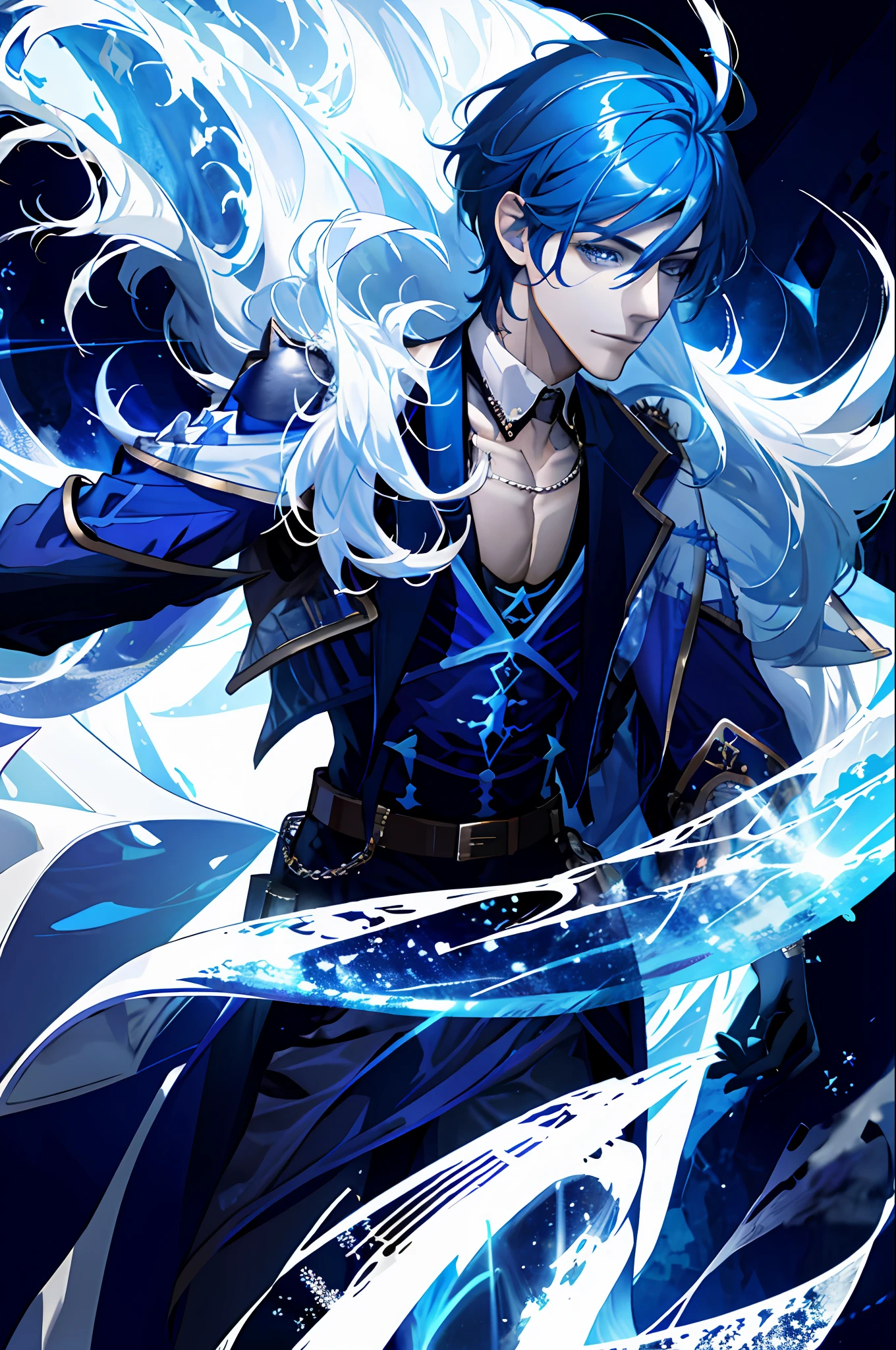 (absurdres, highres, ultra detailed), 1 male solo,  mature, handsome, tall muscular guy, broad shoulders, blue hair, eyepatch, finely detailed eyes and detailed face, extremely detailed CG unity 8k wallpaper, intricate details, (style-swirlmagic:0.8),   portrait,  looking at viewer, solo, (full body:0.6), dynamic pose, detailed background, madness in eyes, blue ice clouds, fireball, warhammer theme, dark clouds, floating pieces of ice and snow   decadence, evil energy emanating,  dark aura, broken shackles, cowboy shot, human, ice crystals
