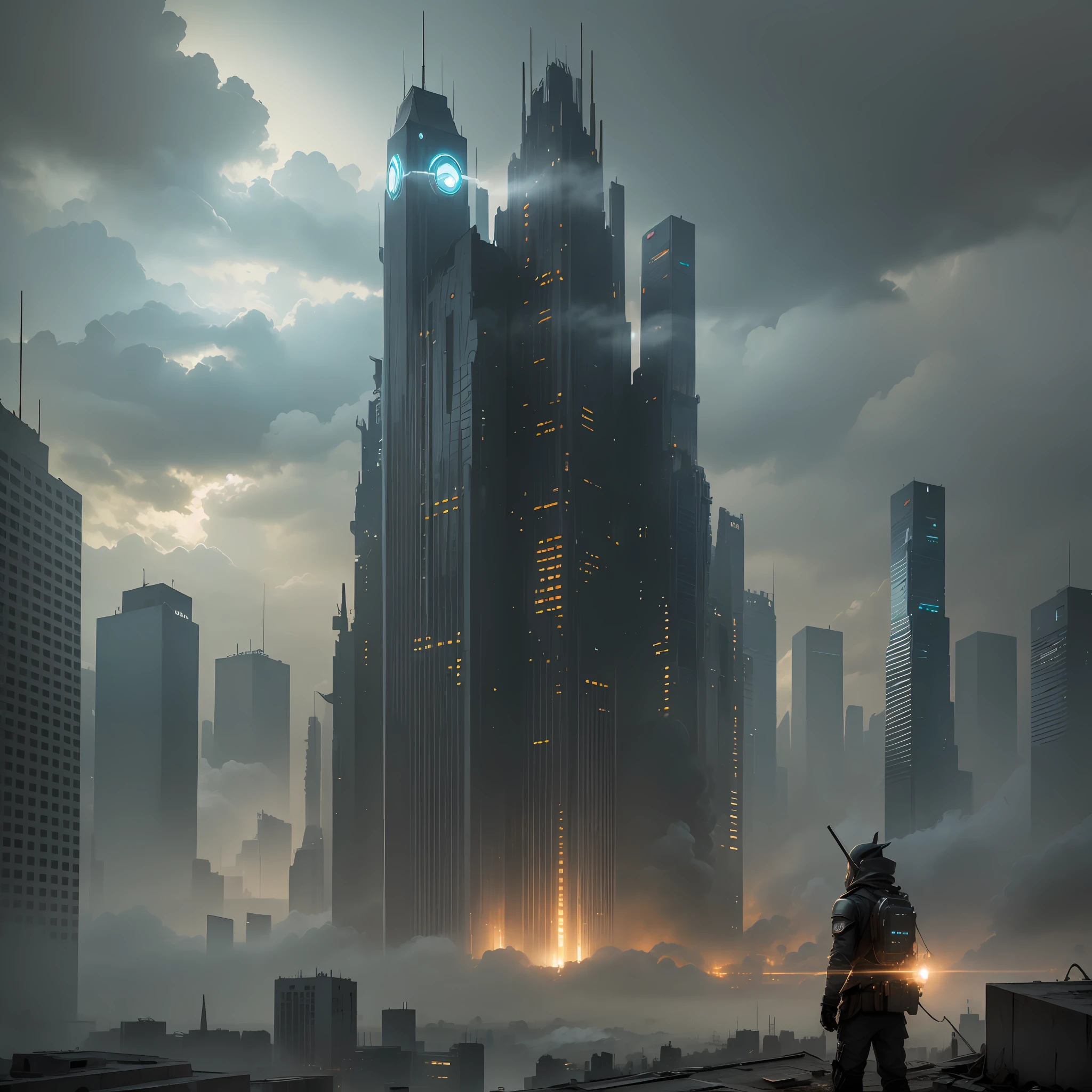 (masterpiece, best quality, ultra-detailed), City in a post-apocalypse setting, charged clouds, gloomy tones, fog and dense smoke, a lonely figure on top of a building, city in ruins, abandoned metropolis, snuggled up somewhere cozy, bright lights in the distance. --auto --s2