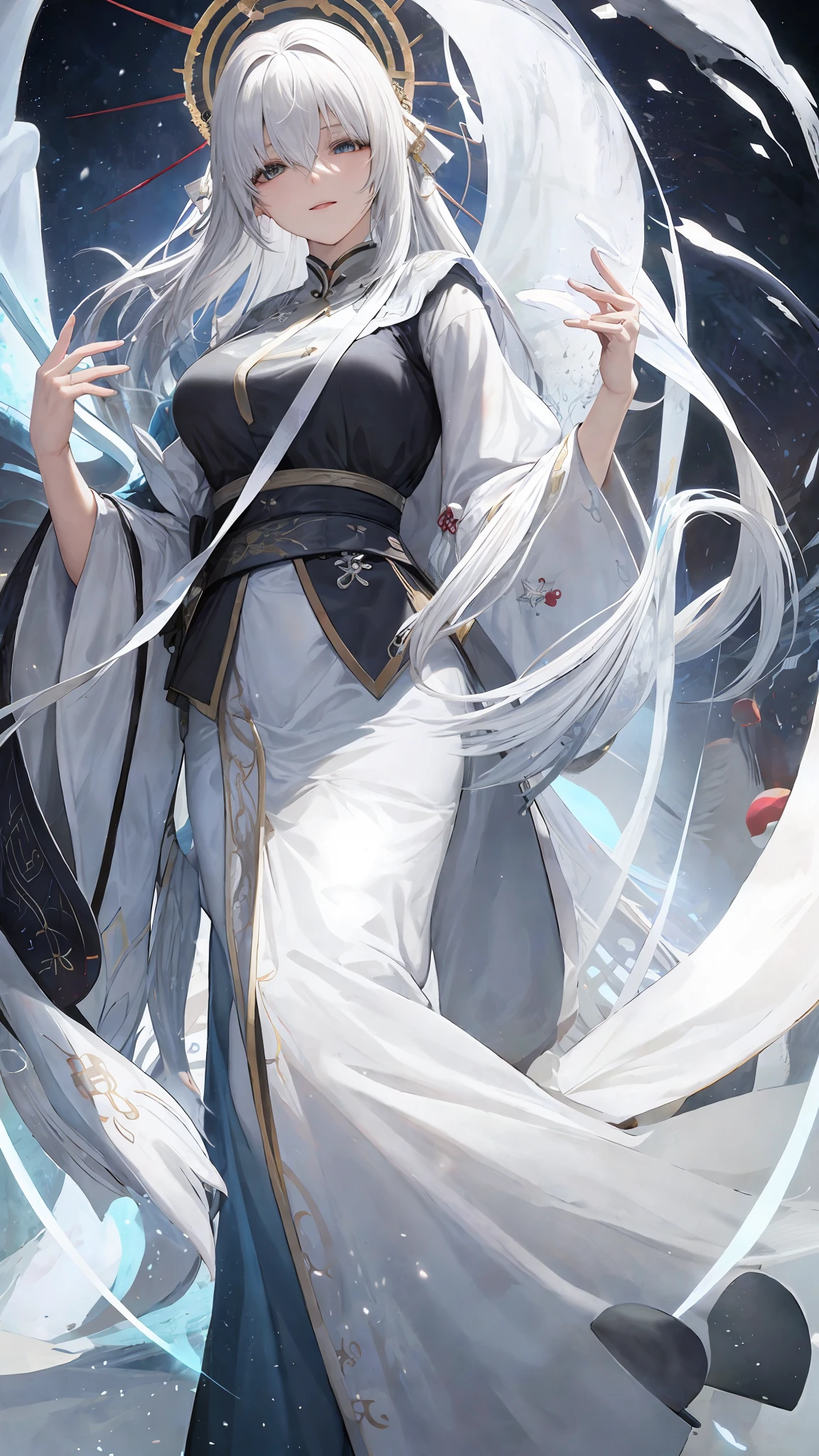 Close-up of a white-haired woman (white silk (blindfolded)), Hanfu antique beauty, floating hair, flying hair, beautiful figure painting, Guviz, Guvitz style artwork, white-haired god, Yang J, epic exquisite character art, stunning character art, Fan Qi, Wu Zhun Shifan, Gu Wiz in pixiv art station, magic elements, special effects, snow, magic, dust