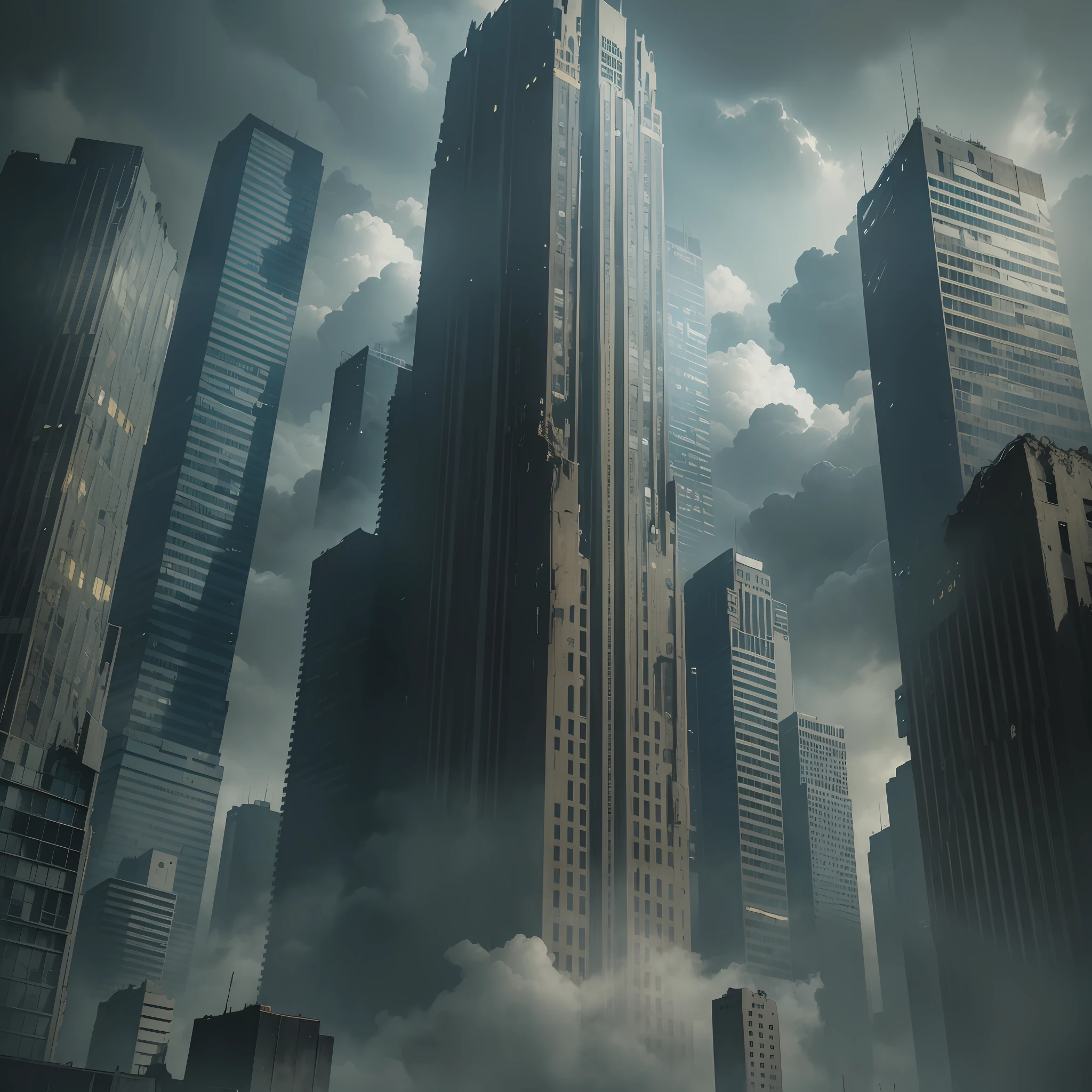 (masterpiece, best quality, ultra-detailed), City in a post-apocalypse setting, charged clouds, gloomy tones, fog and dense smoke, a lonely figure on top of a building, city in ruins, abandoned metropolis, snuggled up somewhere cozy, bright lights in the distance. --auto --s2