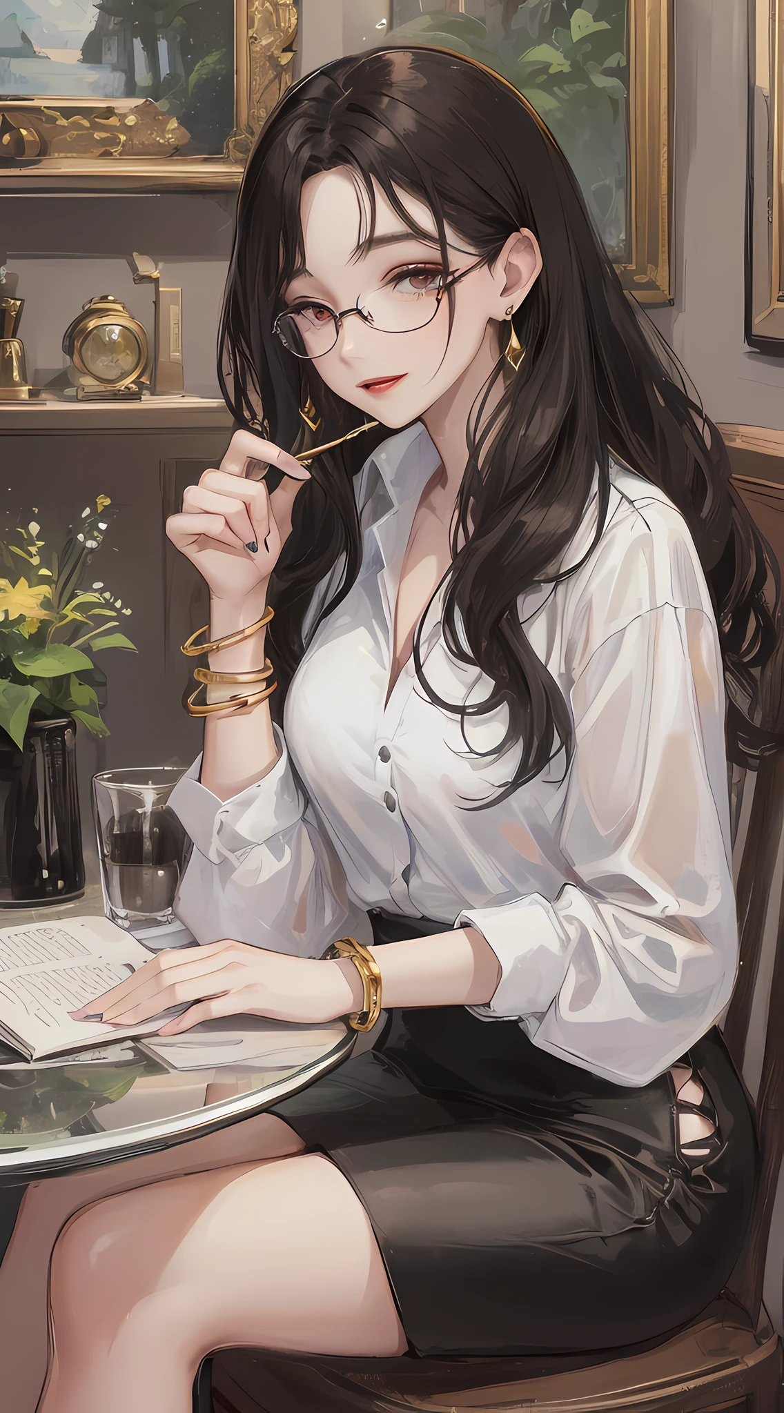 Highly detailed, high quality, masterpiece, 1 woman, sitting at a small table with coffee cup in hand, slight smile, black hair, loose waves, red lipstick, elegant earrings, (professional wear: 1.1), white shirt, black pencil skirt, high heels, (gold bracelet: 1.2), reading glasses, greenery in the background, indoors, morning light.