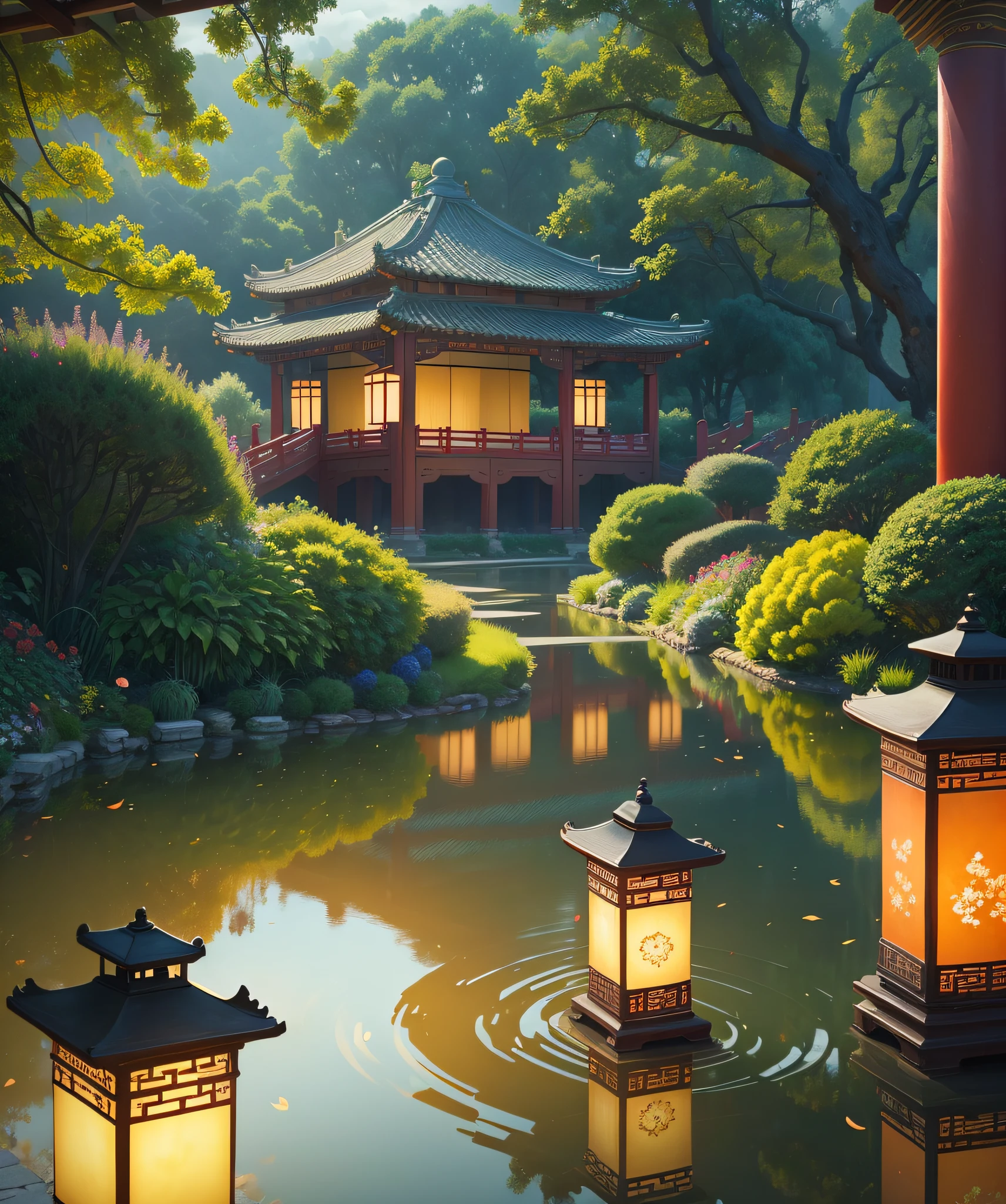 Vista, real scene, Chinese palace, beautiful costume woman, gorgeous decoration, garden, stream, cloudy, magnificent, antique color, lantern, depth of field, majestic, glazed tiles, colorful light, , masterpiece, high quality, exquisite graphics, high detail,