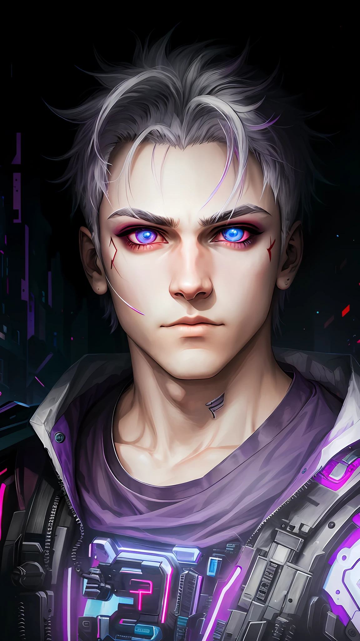 Cyberpunk style portrait, 1boy, red neon eyes, dark purple costume, white hair,