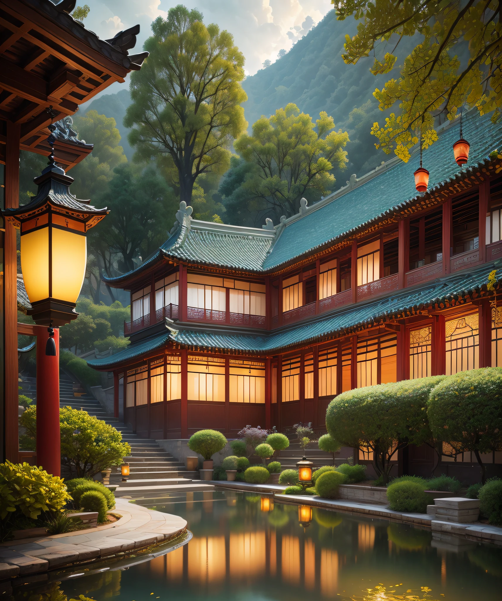 Vista, real scene, Chinese palace, beautiful costume female bullet zither, gorgeous decoration, garden, stream, cloudy, magnificent,, antique color, lantern, depth of field, majestic, glazed tiles, colorful light, , masterpiece, high quality, exquisite graphics, high detail,