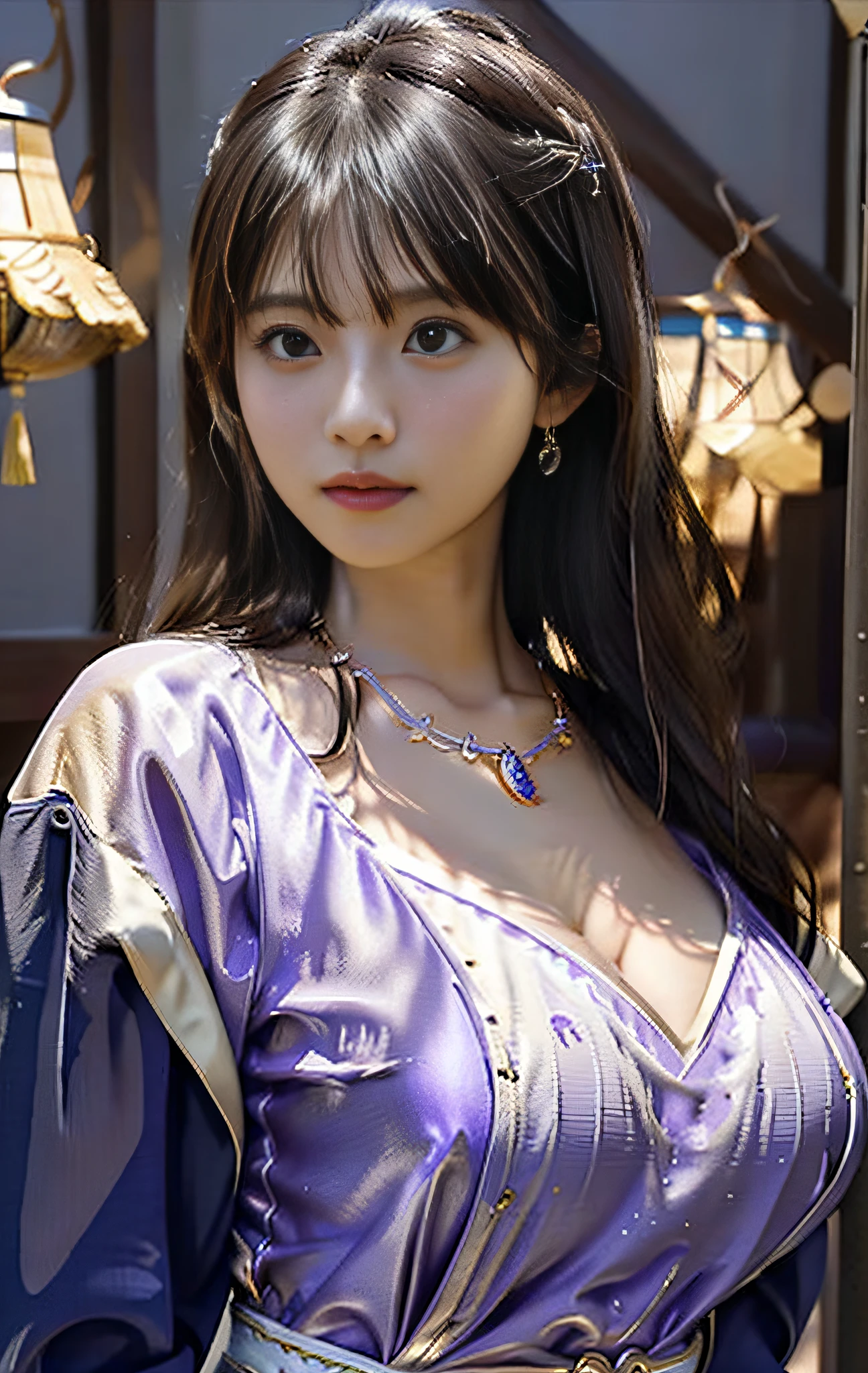 best quality, masterpiece, highres, 1girl,(light purple sexy china dress), hair ornament, necklace, jewelry, Beautiful face, upon_body, (huge breasts), cleavage, tyndall effect, photorealistic, dark studio, rim lighting, two tone lighting,(high detailed skin:1.2), 8k uhd, dslr, soft lighting, high quality, volumetric lighting, candid, Photograph, high resolution, 4k, 8k, Bokeh