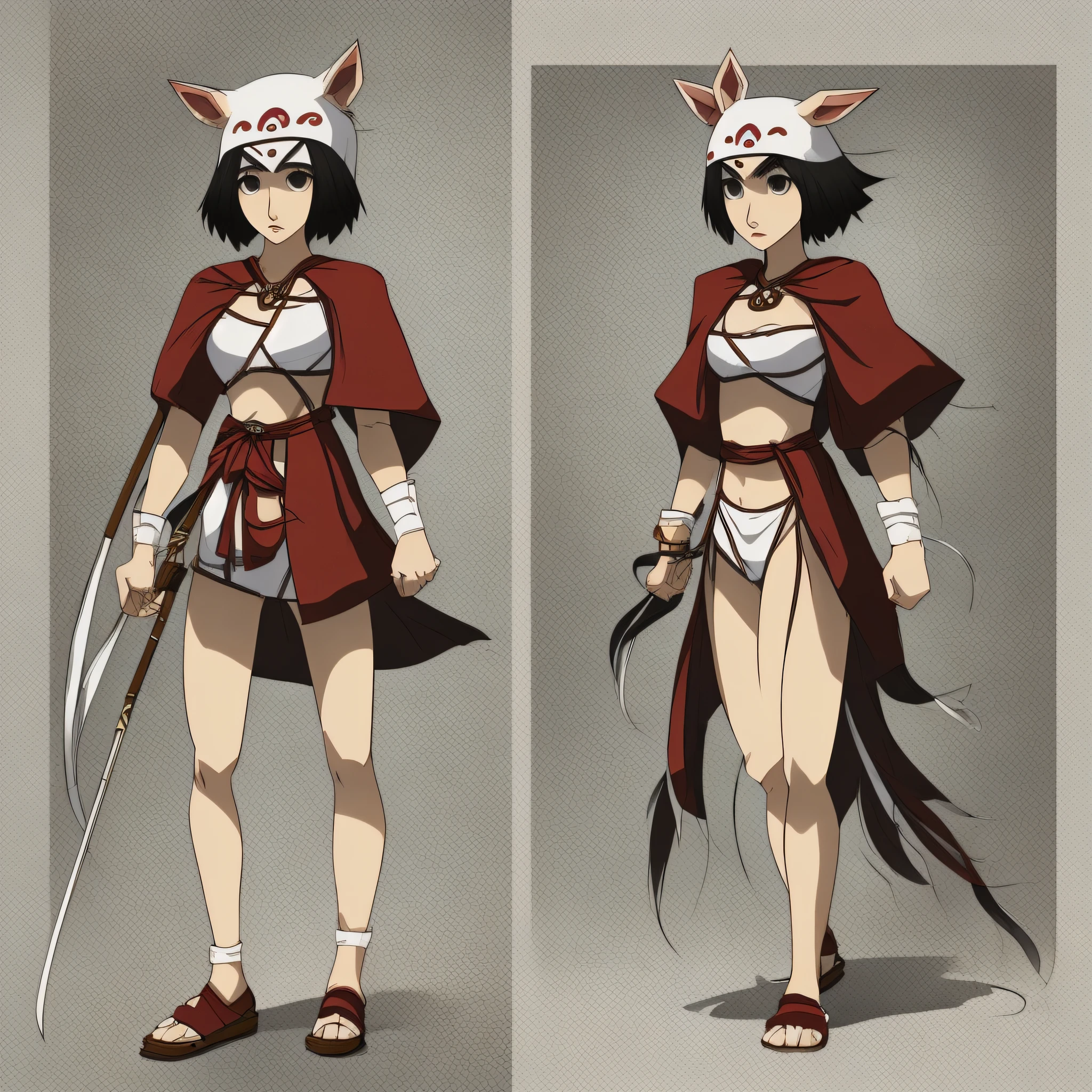 ((masterpiece)),((best quality))),(((character design sheet, same character, front, side, back)),(illustration), (1 47-year-old woman), female, Japanese anime style, (mature woman), warrior woman, (full body), (scantily clad warrior), black hair, black eyes, short hair, ambient Scene change, pose too, charturnbetalora, (single background, white background: 1.3) Mononoke Hime --auto --s2