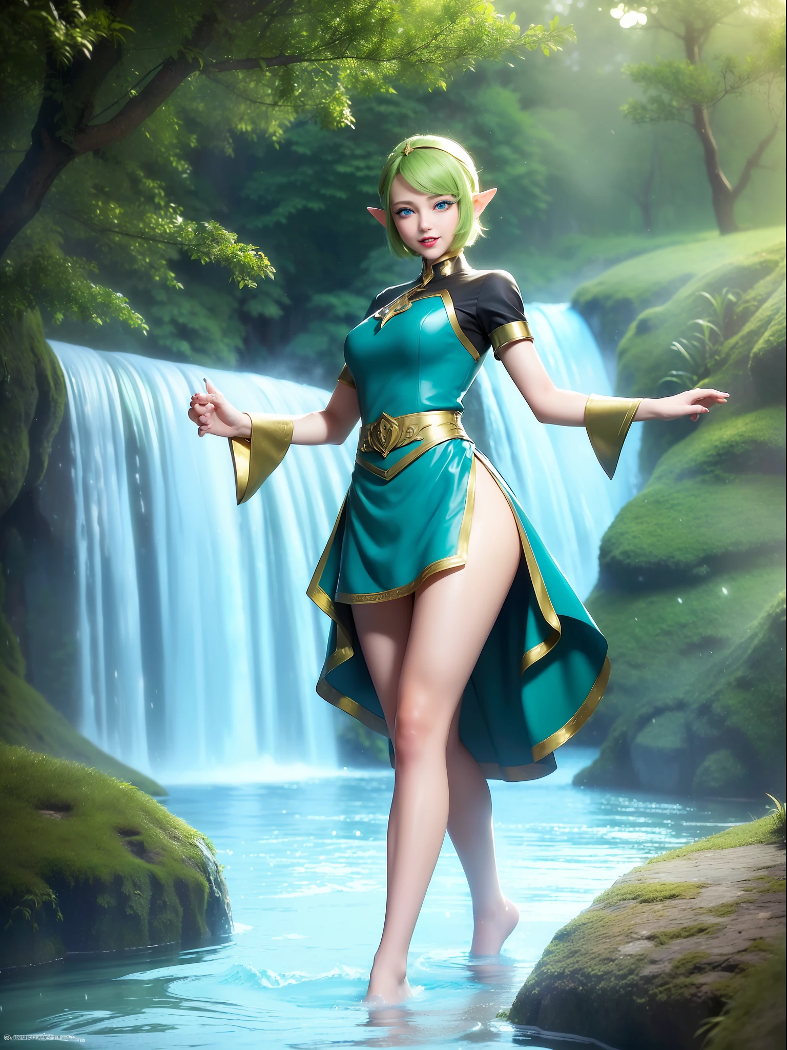 ((full-body photo, feet on the ground, front view)). Princess Zelda, {big breasts, red cheeks, red lipstick on her mouth, looking at the viewer}, {((black outfit with gold trim/maid's outfit with short shorts)}, she's bathing in a waterfall in an open area falling water, clothes and hair soaked. She has {((short green hair, blue eyes, looking at the viewer, smiling)}, anime, anime style, motion blur, 16k, high quality, super detail, textured skin, anatomically correct, masterpiece, masterpiece, masterpiece, UHD, ccurate