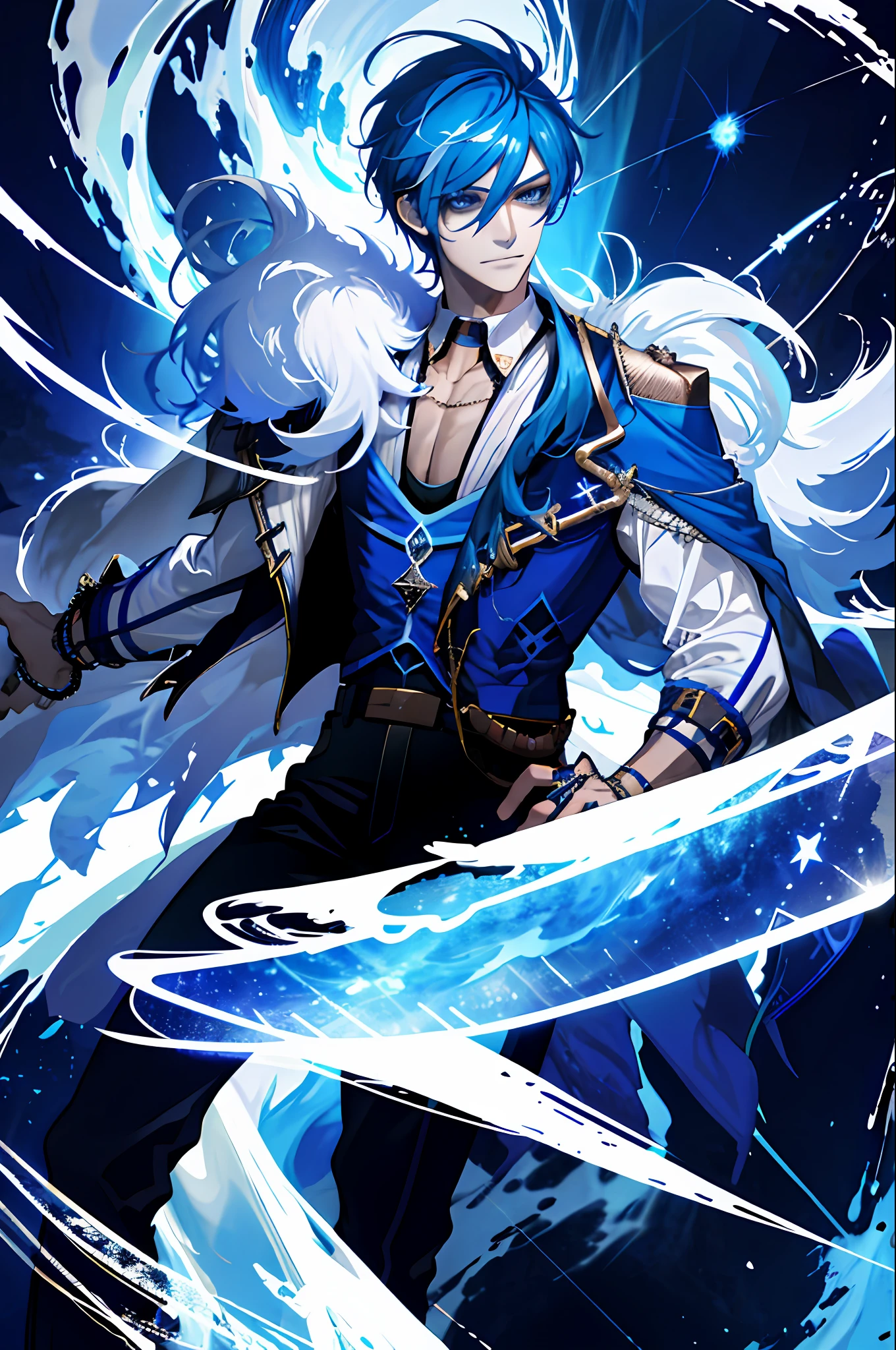 (absurdres, highres, ultra detailed), 1 male solo, mature, handsome, tall muscular guy, broad shoulders, blue hair, eyepatch, finely detailed eyes and detailed face, extremely detailed CG unity 8k wallpaper, intricate details, (style-swirlmagic:0.8), portrait, looking at viewer, solo, (full body:0.6), dynamic pose, detailed background, madness in eyes, blue ice clouds, fireball, warhammer theme, dark clouds, floating pieces of ice and snow decadence, evil energy emanating, dark aura, broken shackles, cowboy shot, human, ice crystals