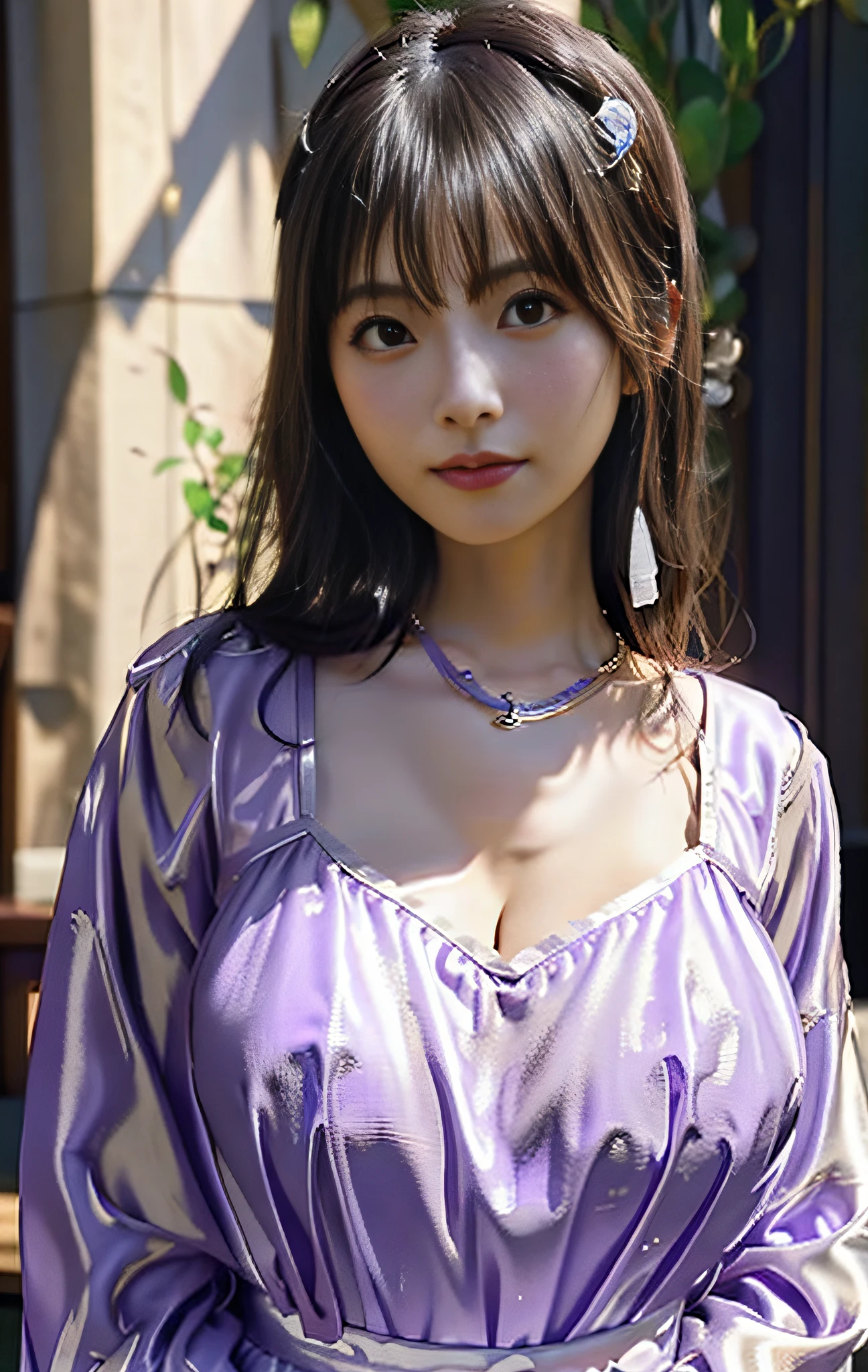 best quality, masterpiece, highres, 1girl,(light purple sexy china dress), hair ornament, necklace, jewelry, Beautiful face, upon_body, (huge breasts), cleavage, tyndall effect, photorealistic, dark studio, rim lighting, two tone lighting,(high detailed skin:1.2), 8k uhd, dslr, soft lighting, high quality, volumetric lighting, candid, Photograph, high resolution, 4k, 8k, Bokeh
