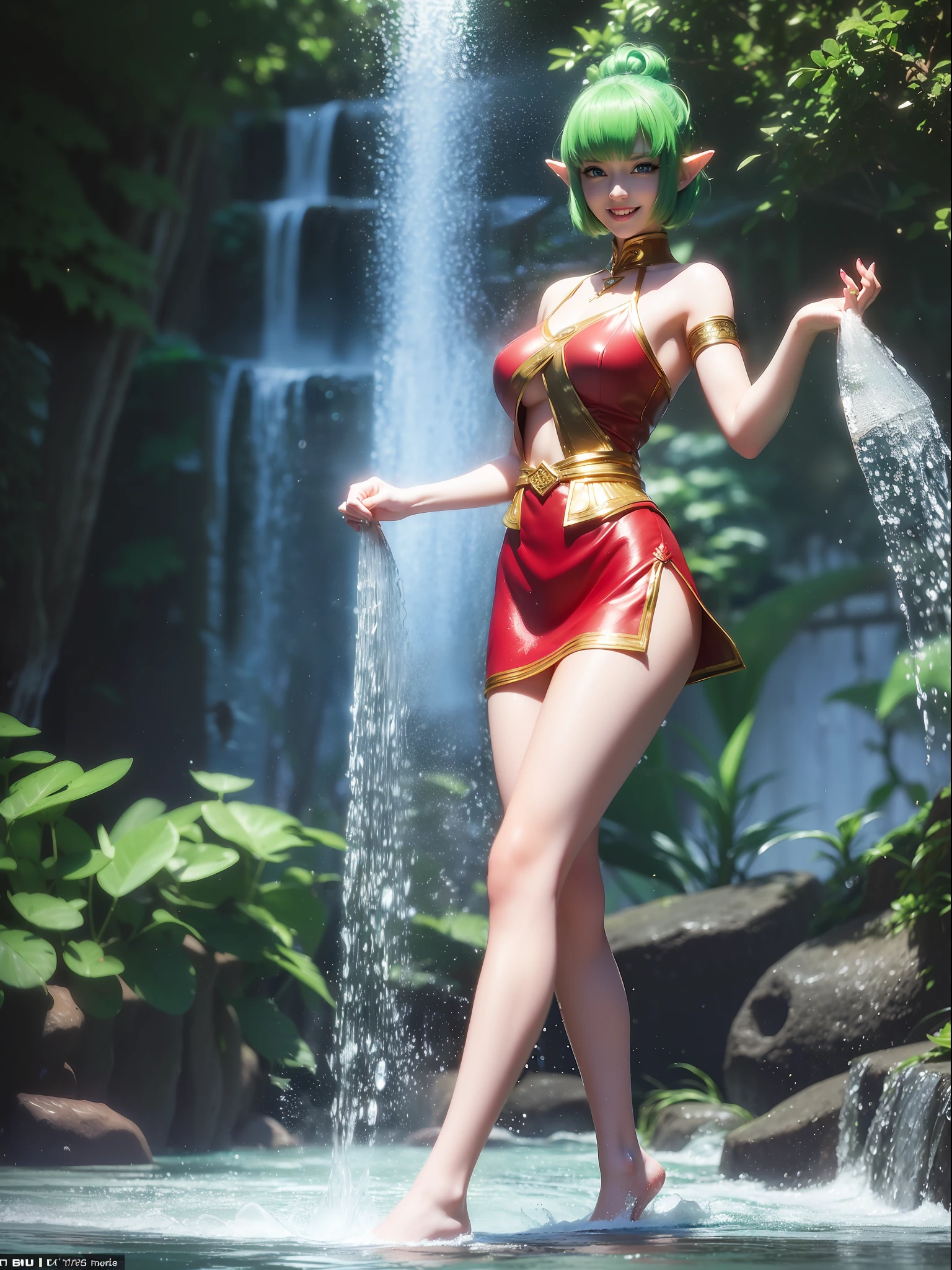 ((full-body photo, feet on the ground, front view)). Princess Zelda, {big breasts, red cheeks, red lipstick on her mouth, looking at the viewer}, {((black outfit with gold trim/maid's outfit with short shorts)}, she's bathing in a waterfall in an open area falling water, clothes and hair soaked. She has {((short green hair, blue eyes, looking at the viewer, smiling)}, anime, anime style, motion blur, 16k, high quality, super detail, textured skin, anatomically correct, masterpiece, masterpiece, masterpiece, UHD, ccurate