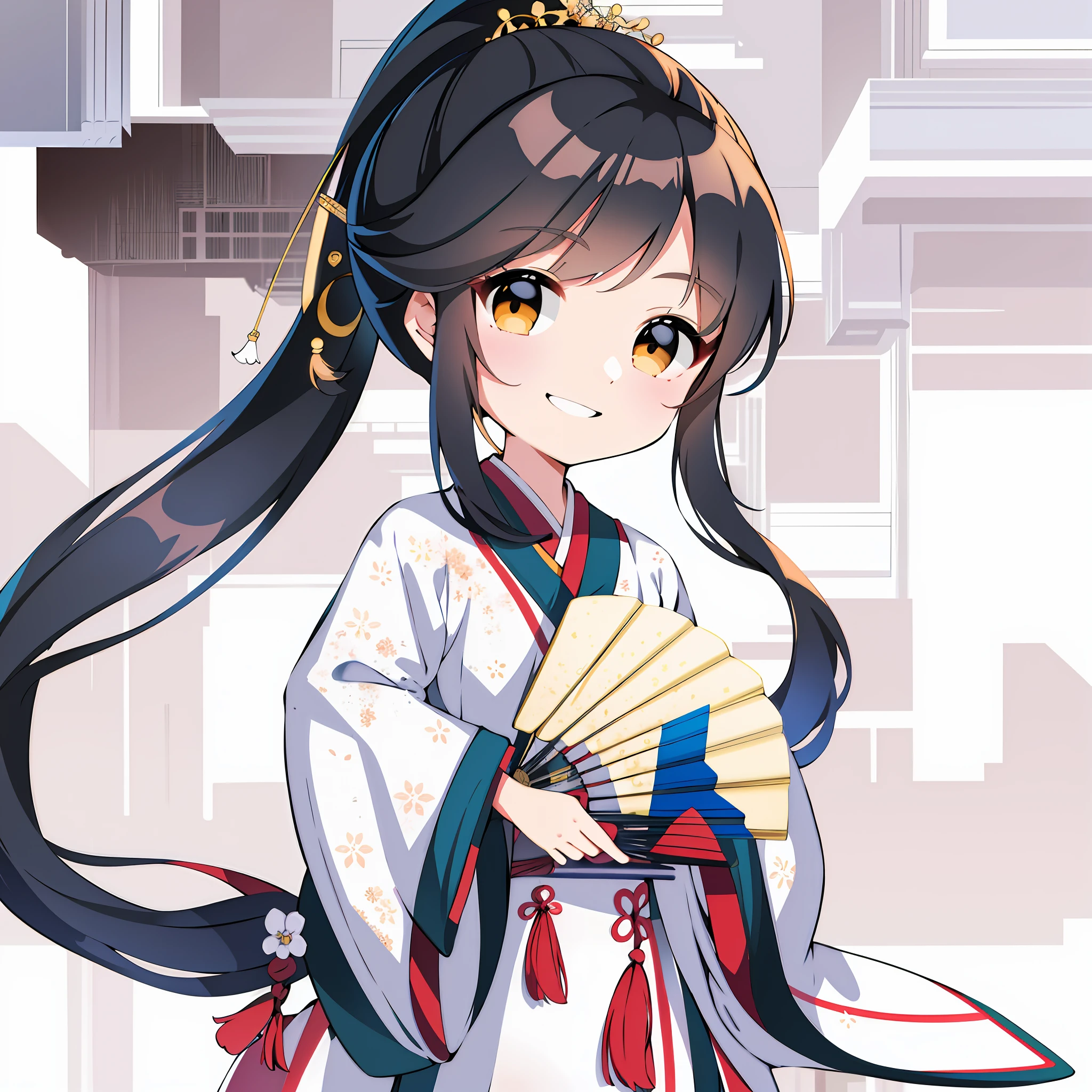 Cute and smiling, high ponytail, waist-length hair, classical hairpin, girl, wide-sleeved Hanfu, holding a fan, white background