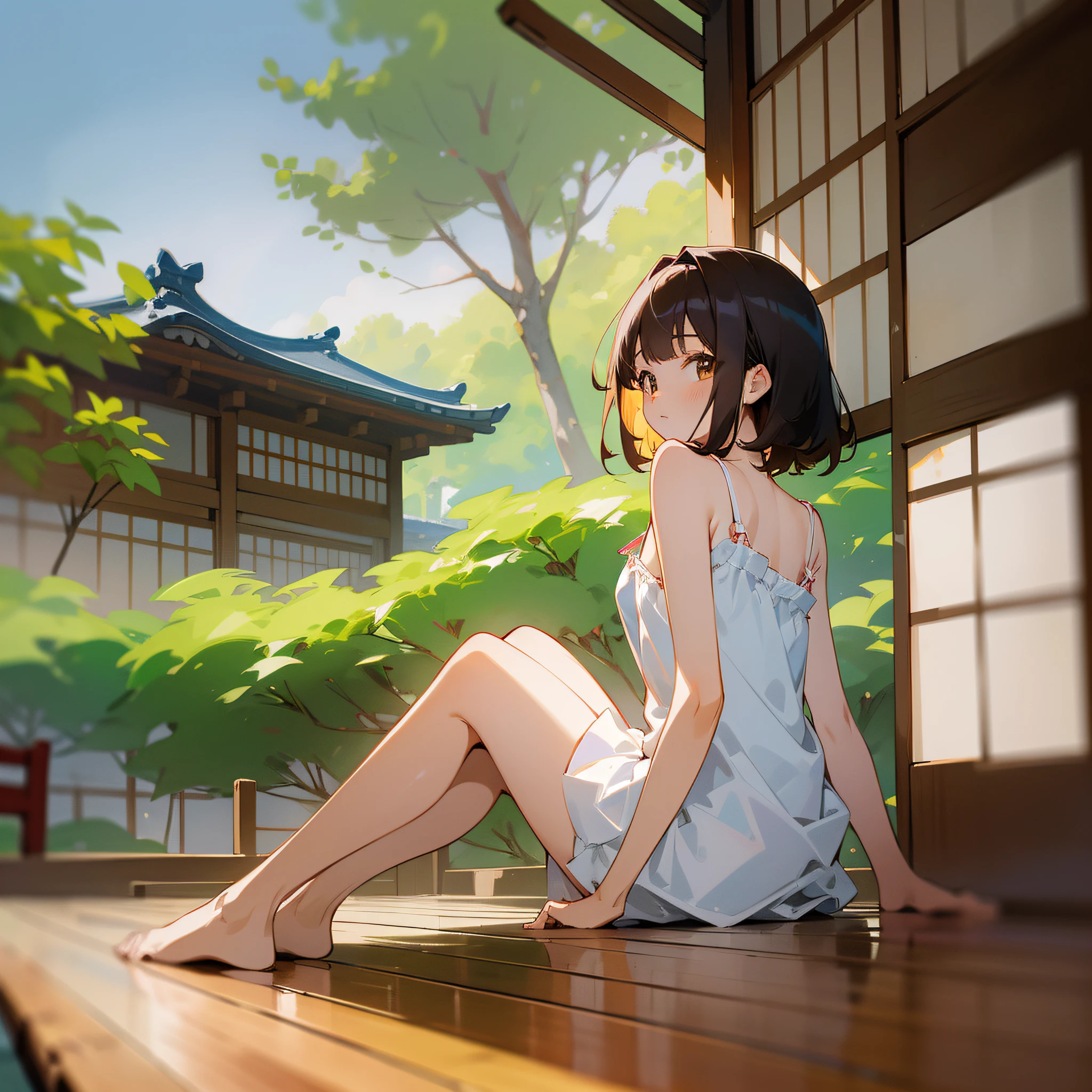 Masterpiece, top quality, 8k, sitting flat on the floor with legs bent back, cute girl in Japan, , depth of field, wearing a white camisole, short skirt, narrow wooden walkway along the edge of the house facing the garden, medium hair, hime cut
