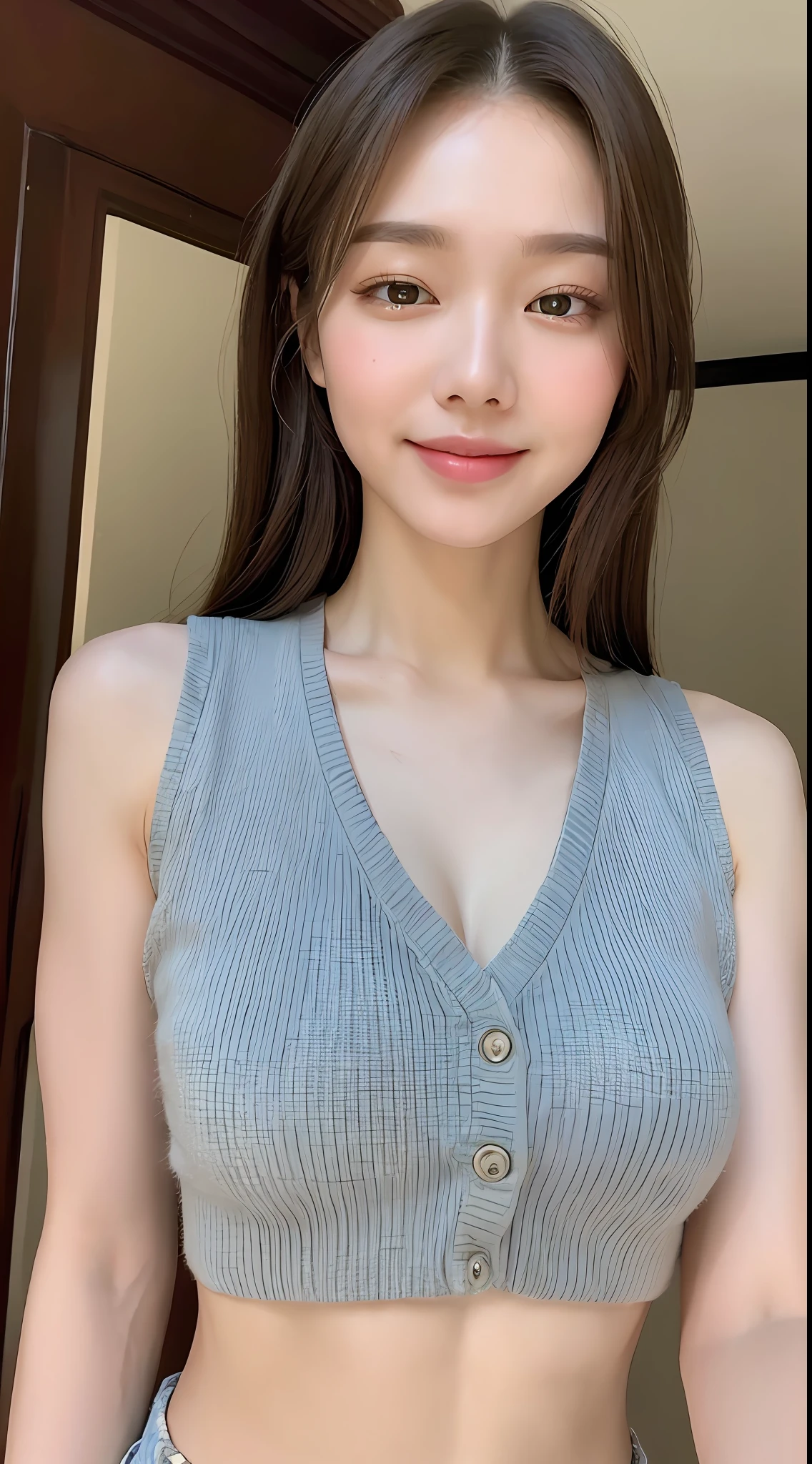 (8k quality, real masterpiece: 1.3), 1girl, (slender abs emphasis: 1.3), (long hair, big breasts: 1.2), loose vest: 1.2, fine face, delicate eyes, double eyelid smile, home casual, random color clothing.