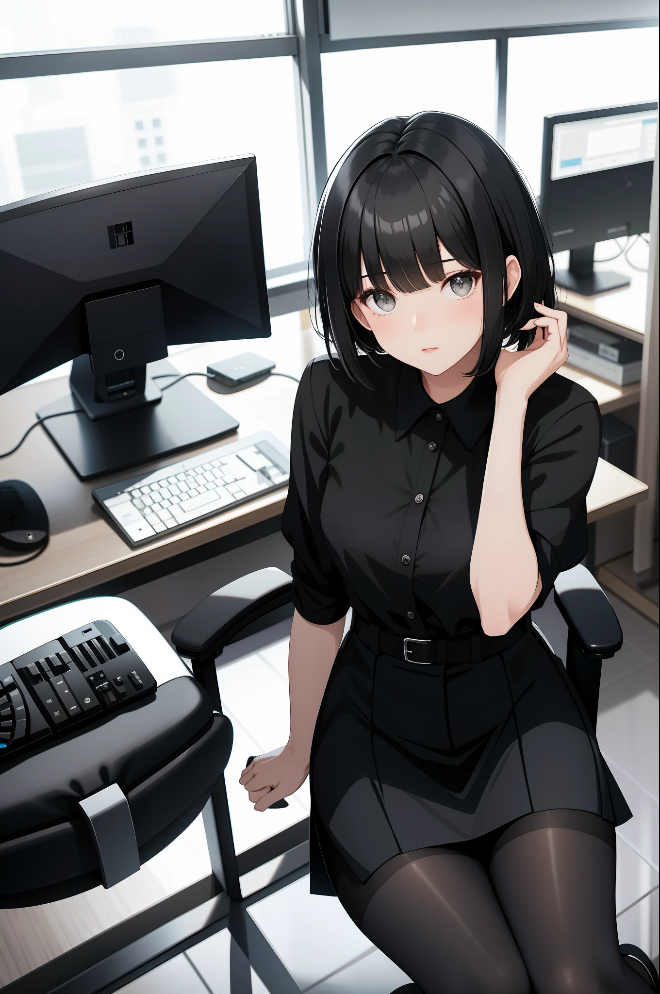 short hair,Black hair,Bangs cover your eyes,The Office Girl,Short Skirt,black silk stockings,sitting in an office chair,Computer,Office,Look up perspective,