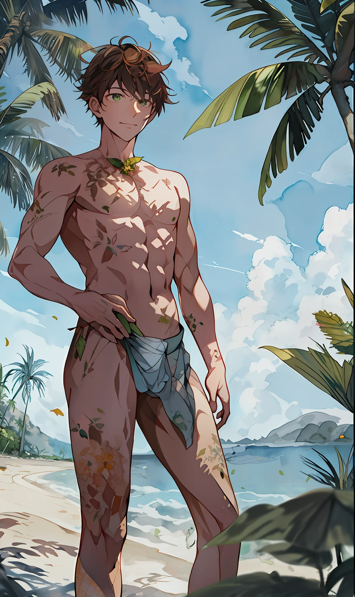 (watercolor:1.2),1boy, solo, flower, coconut tree, freckles, portrait, leaves, bare forehead,, yellow flower, brown hair, green eyes, nude, erection, delicate skin,