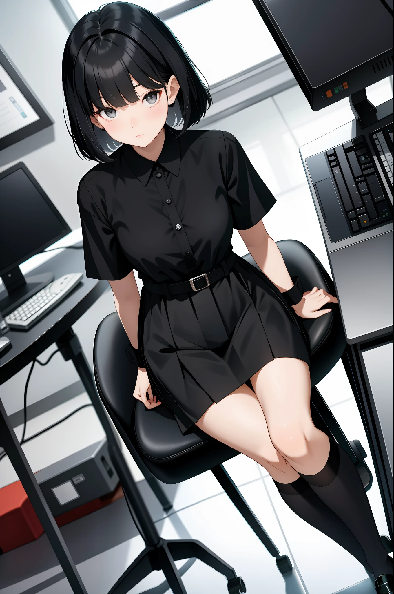 short hair,Black hair,Bangs cover your eyes,The Office Girl,Short Skirt,black silk stockings,sitting in an office chair,Computer,Office,Look up perspective,
