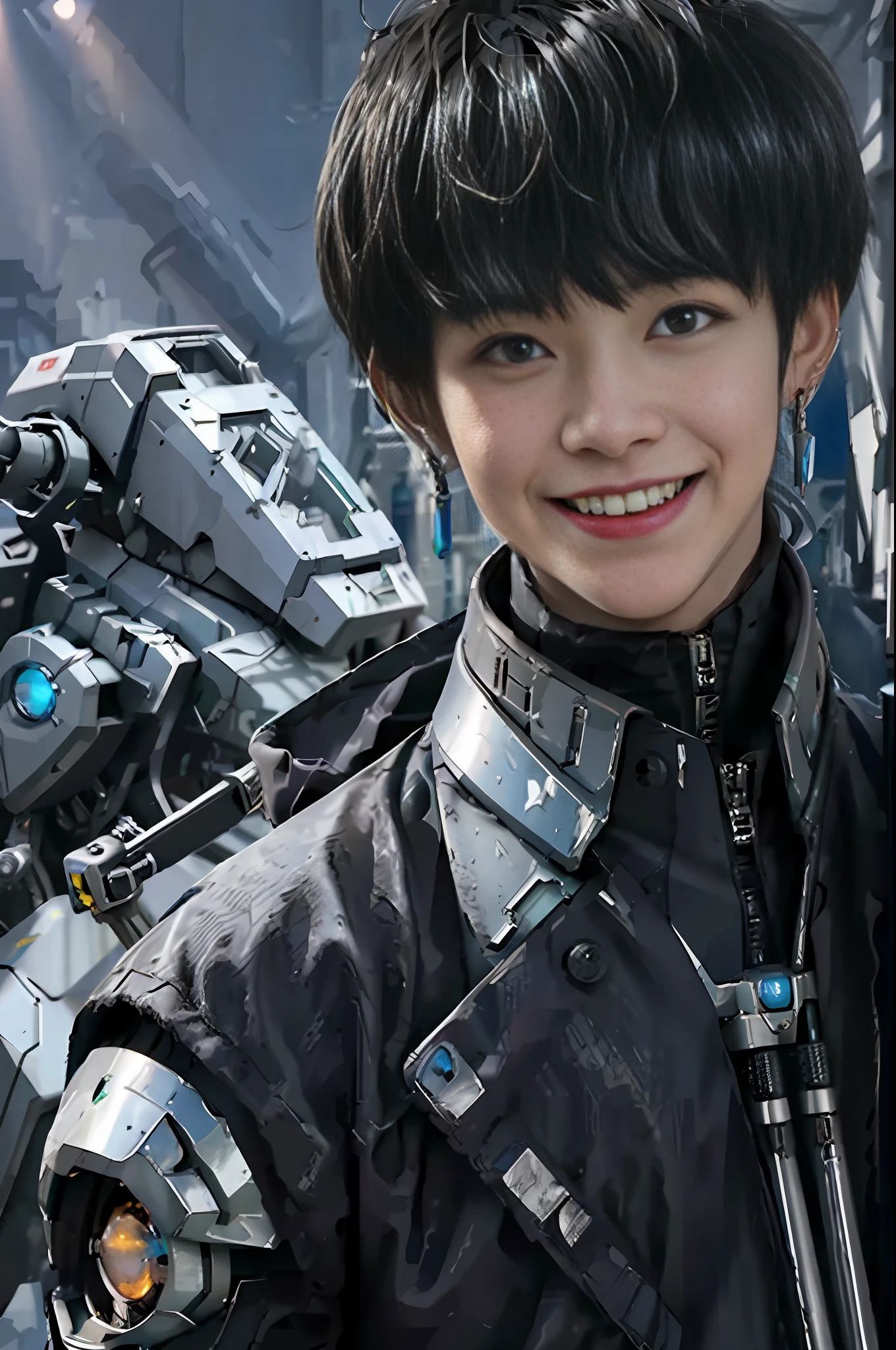 Masterpiece, best quality, 1 boy, grin, dramatic lighting ,epic, cyborg, mecha, machinery, robot, weapon, earrings,