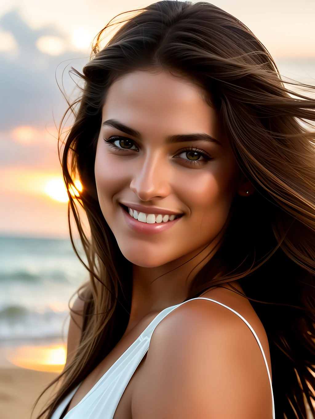 Cinematic soft lighting illuminates a stunningly detailed and ultra-realistic beautiful Brazilian supermodel, beach look, long messy windy brown hair, clear honey eye, captivating perfect smile, sensual, hot woman, gorgeous, that is trending on ArtStation. Octane is the perfect tool to capture the softest details of this 16k photography masterpiece.