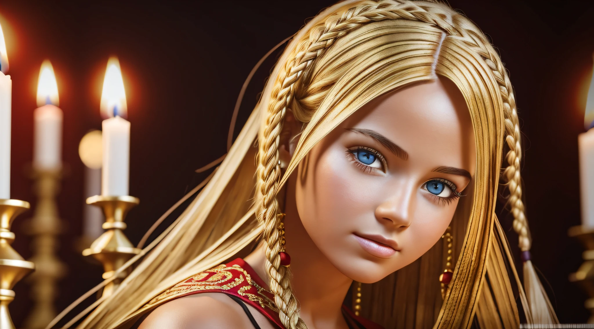 10 YEAR OLD GIRL LONG BLONDE HAIR OF GOLD BRAIDS ,ULTRA REALISTIC, MASTERPIECE, , PHOTOREALISTIC, CANDLES AND FIRE , RED BACKGROUND (raw photo: 1.2), (photorealistic: 1.4), (best quality: 1.4), (ultra highres: 1.2), (highly detailed: 1.3), --auto --s2