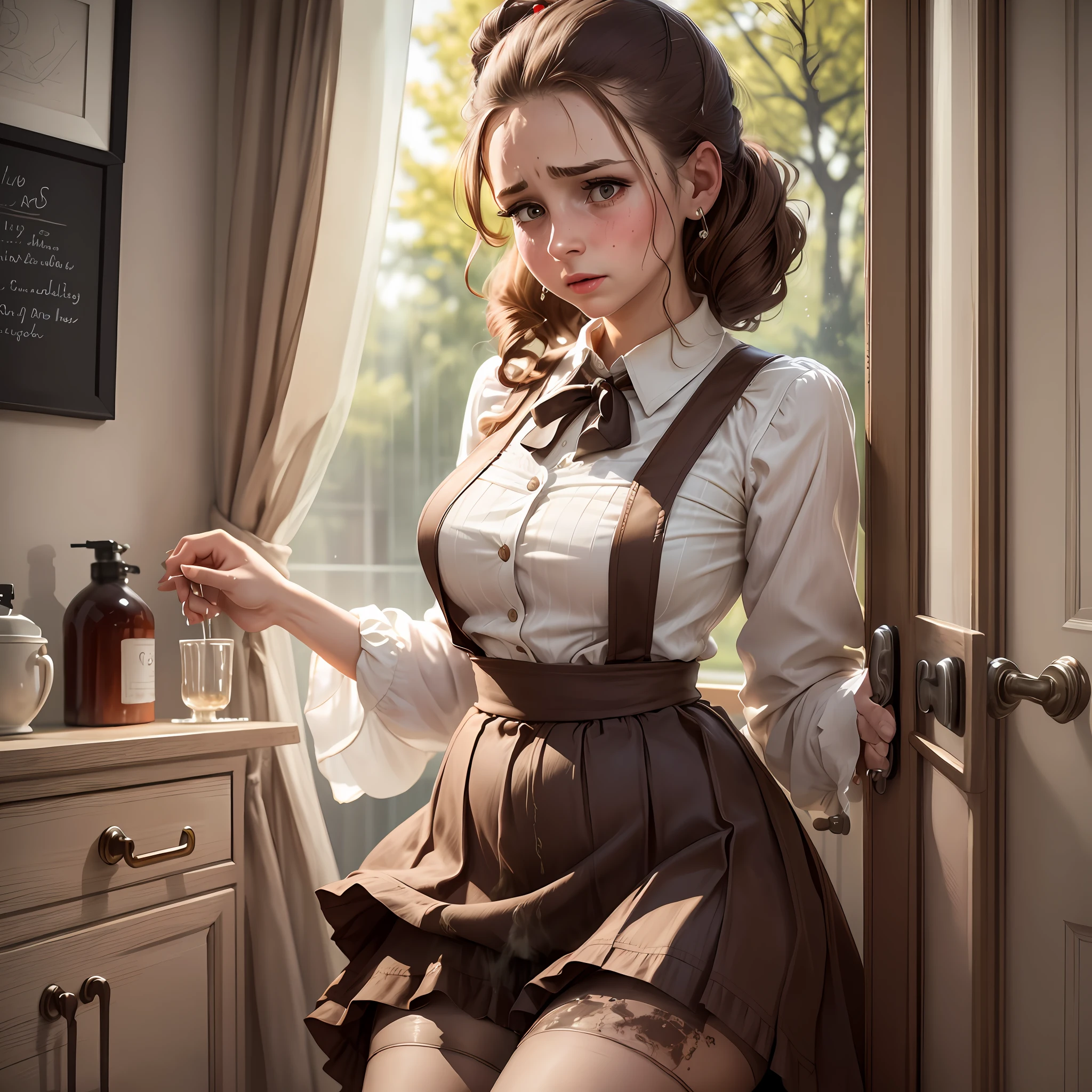 woman, brown updo hair, 1950's suspender skirt and petticoat, sheer pantyhose, ((peeing stain)), worried, embarrassed, holding crotch, housewife