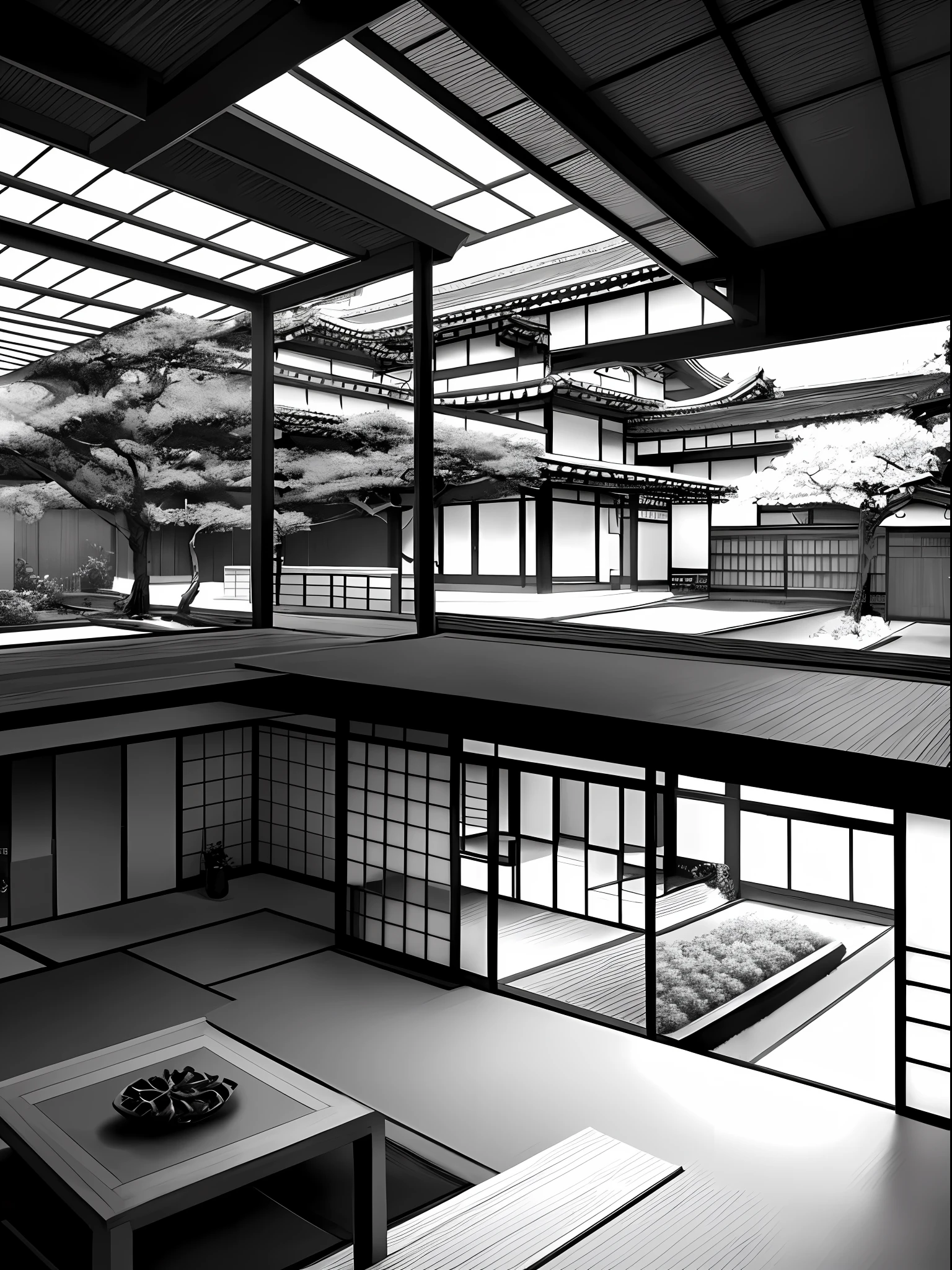Japanese house with garden, Yoji Shinkawa style, black and white, print, super detailed