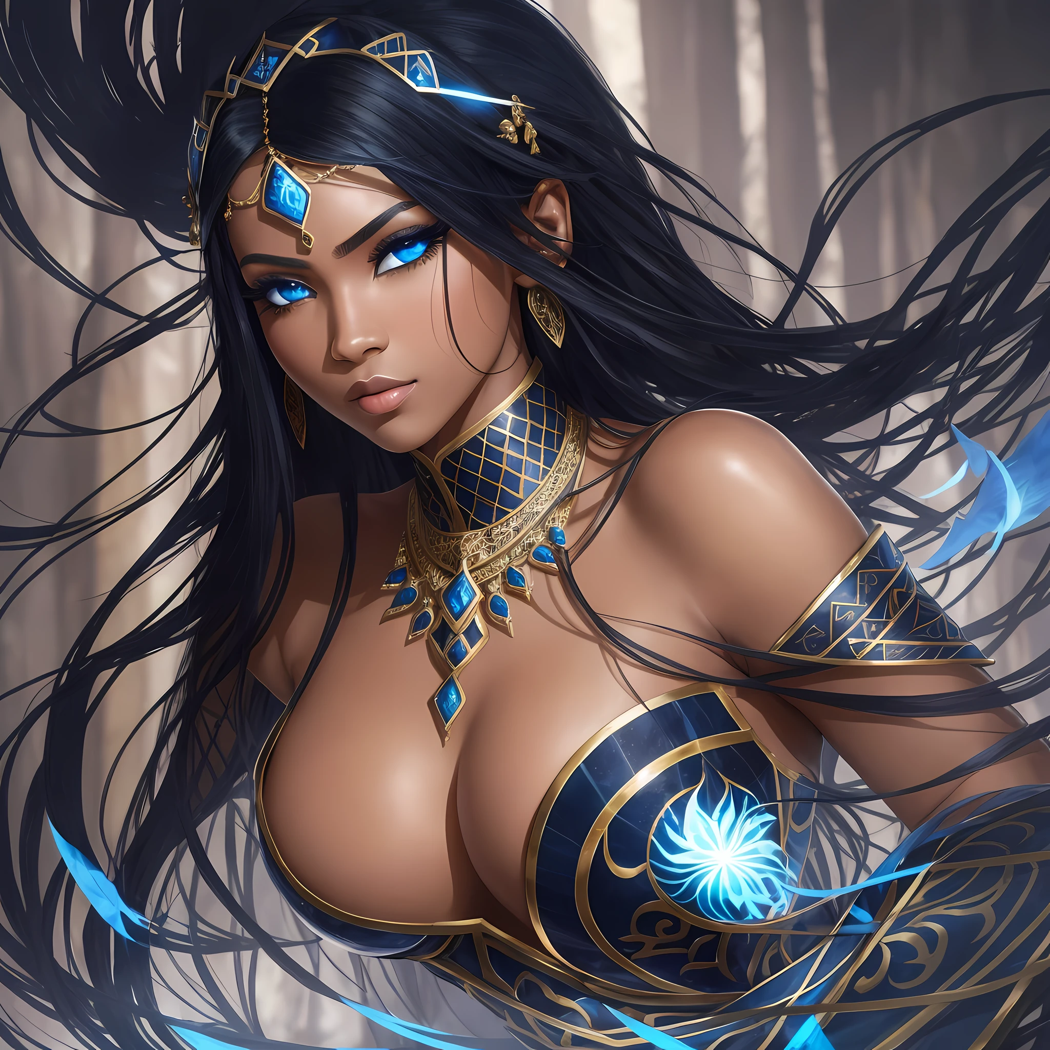 By his side is Ranasi, a woman of exotic beauty and unmistakable charm. Her skin is like the most polished ebony, contrasting with her captivating blue eyes, which seem to hide deep secrets. Her silky black hair cascades over her shoulders, framing her delicate face marked by an enigmatic scar. Clad in light, elegant armor, she exhibits a dexterity and agility that make it clear that she is a skilled warrior. --auto --s2